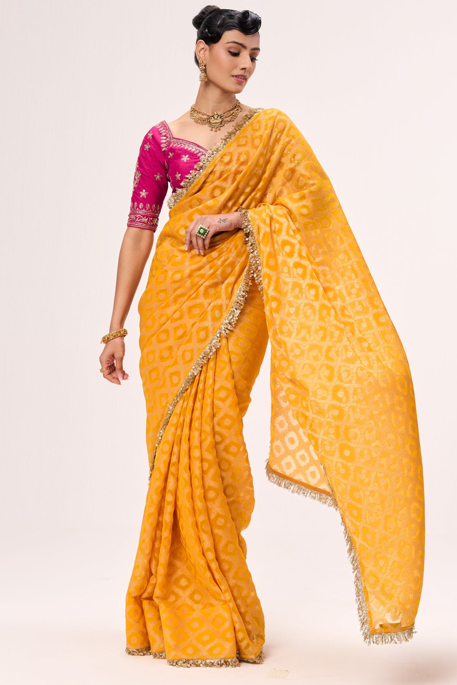 Woven Georgette Saree with Embroidered Ready-to-Wear Blouse