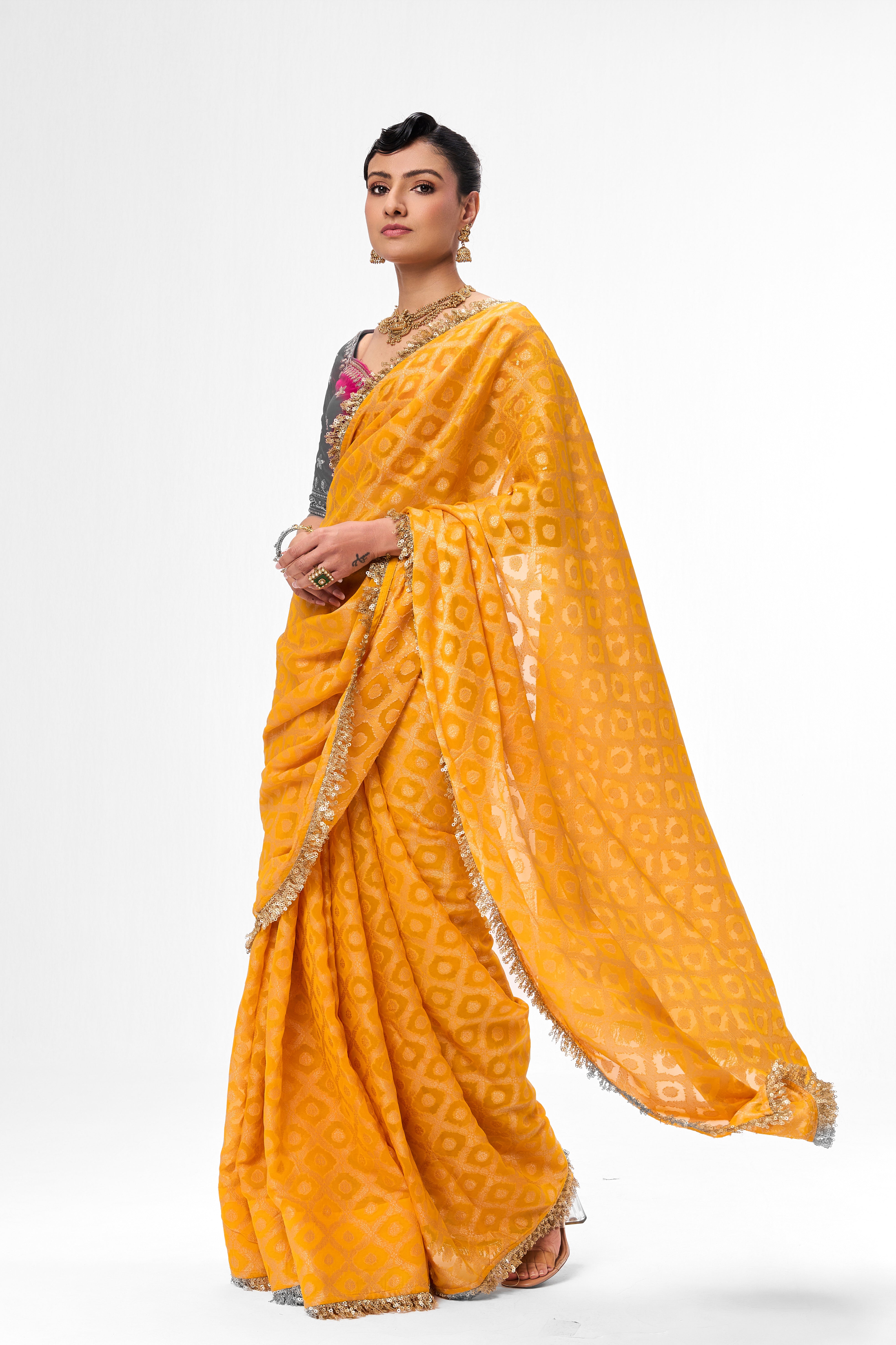 Woven Yellow Georgette Saree with Pink Embroidered Ready-to-Wear Blouse