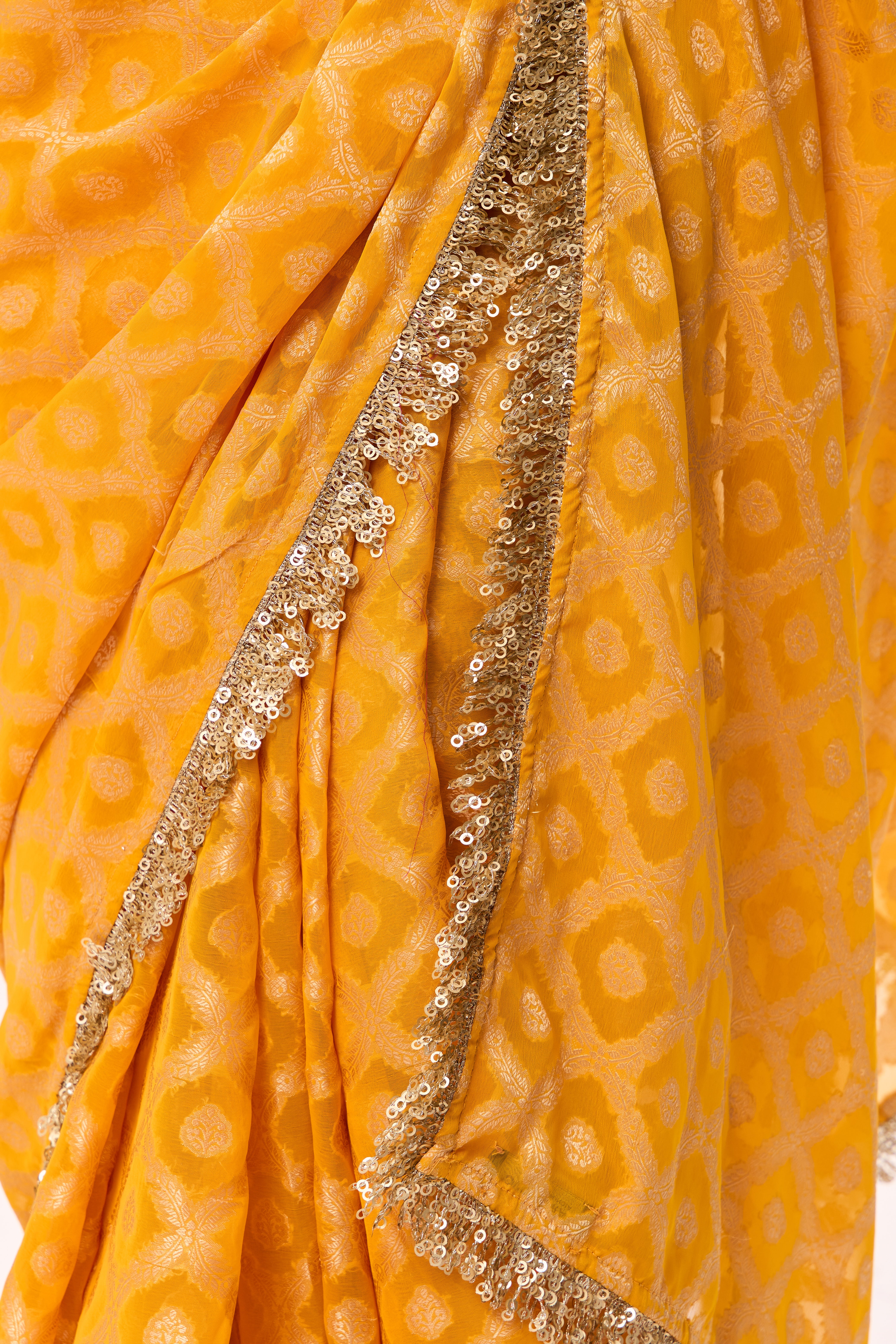 With Readymade Blouse - Woven Yellow Georgette Saree with Pink Embroidered Ready-to-Wear Blouse