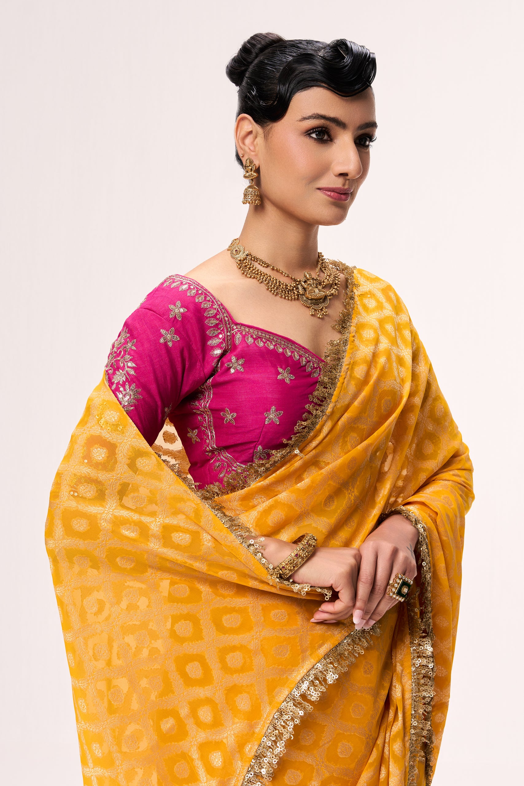 Woven Georgette Saree with Embroidered Ready-to-Wear Blouse