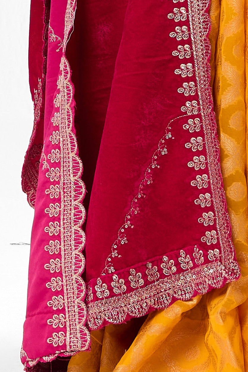 Fuschia Diagonal Stripes Velvet Embroidered Shawl