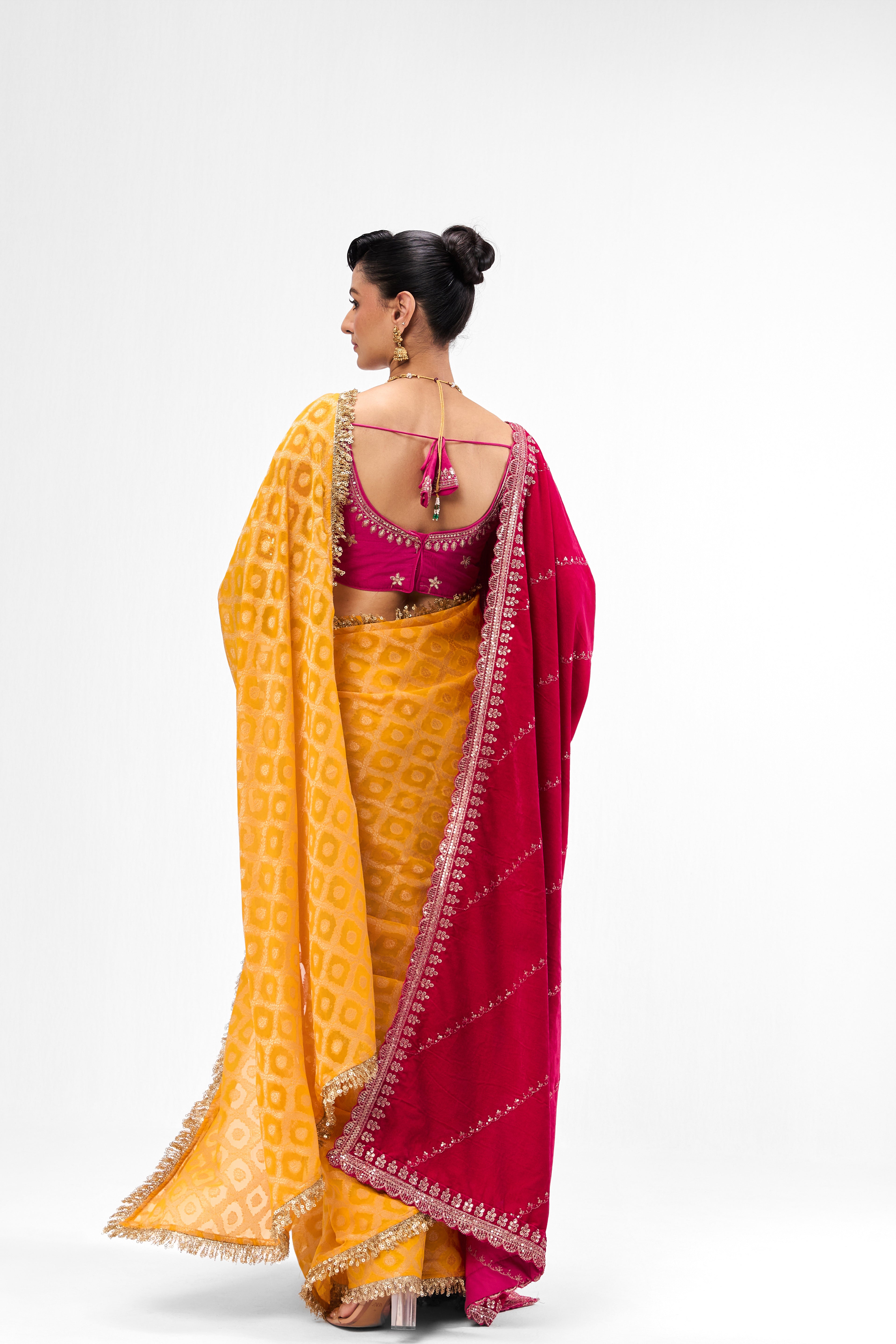 With Readymade Blouse - Woven Yellow Georgette Saree with Pink Embroidered Ready-to-Wear Blouse