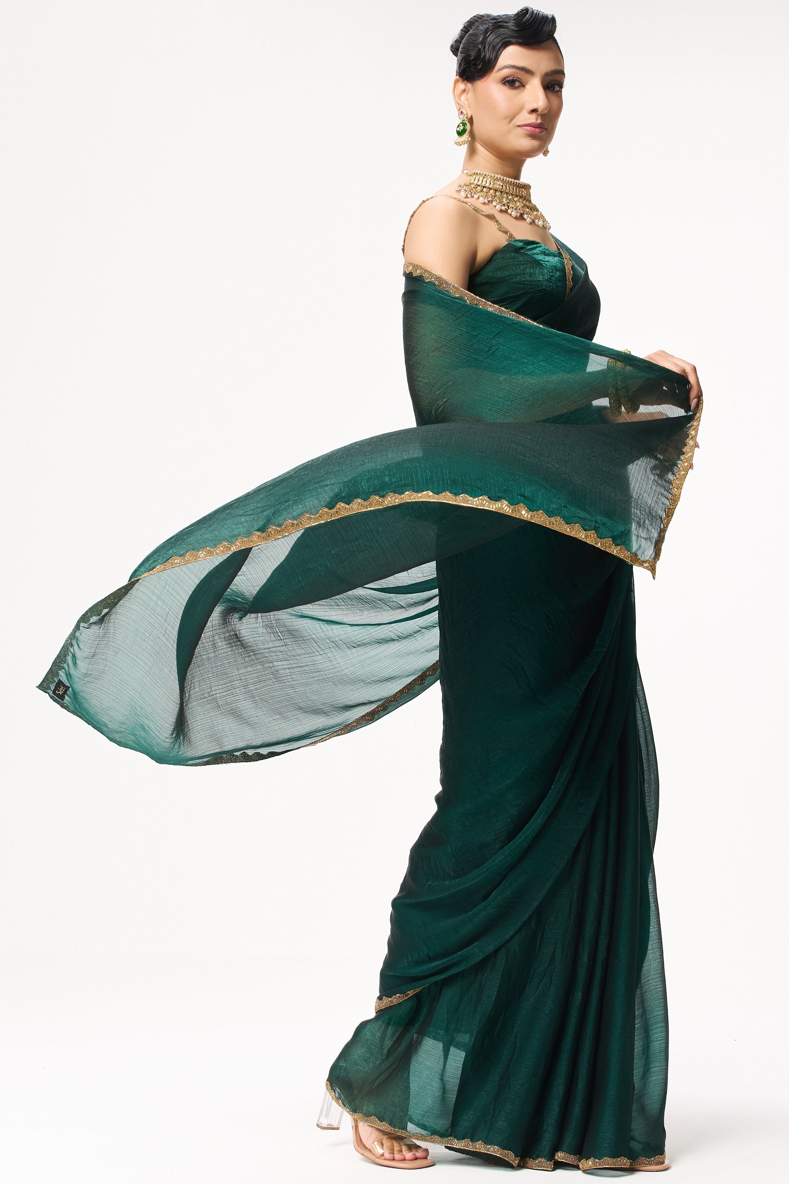 Green Gold Border Metallic Satin Saree with Blouse Fabric