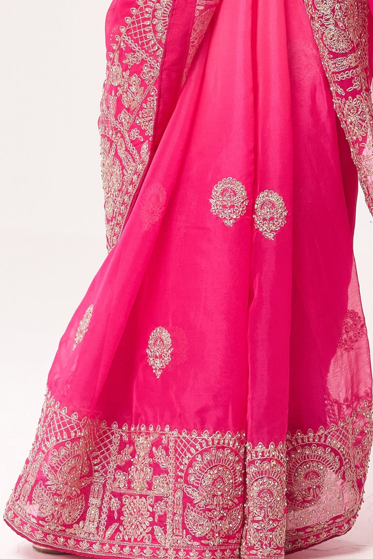 Pink Ombre Chiffon Saree with Embroidered Border and Blouse Fabric