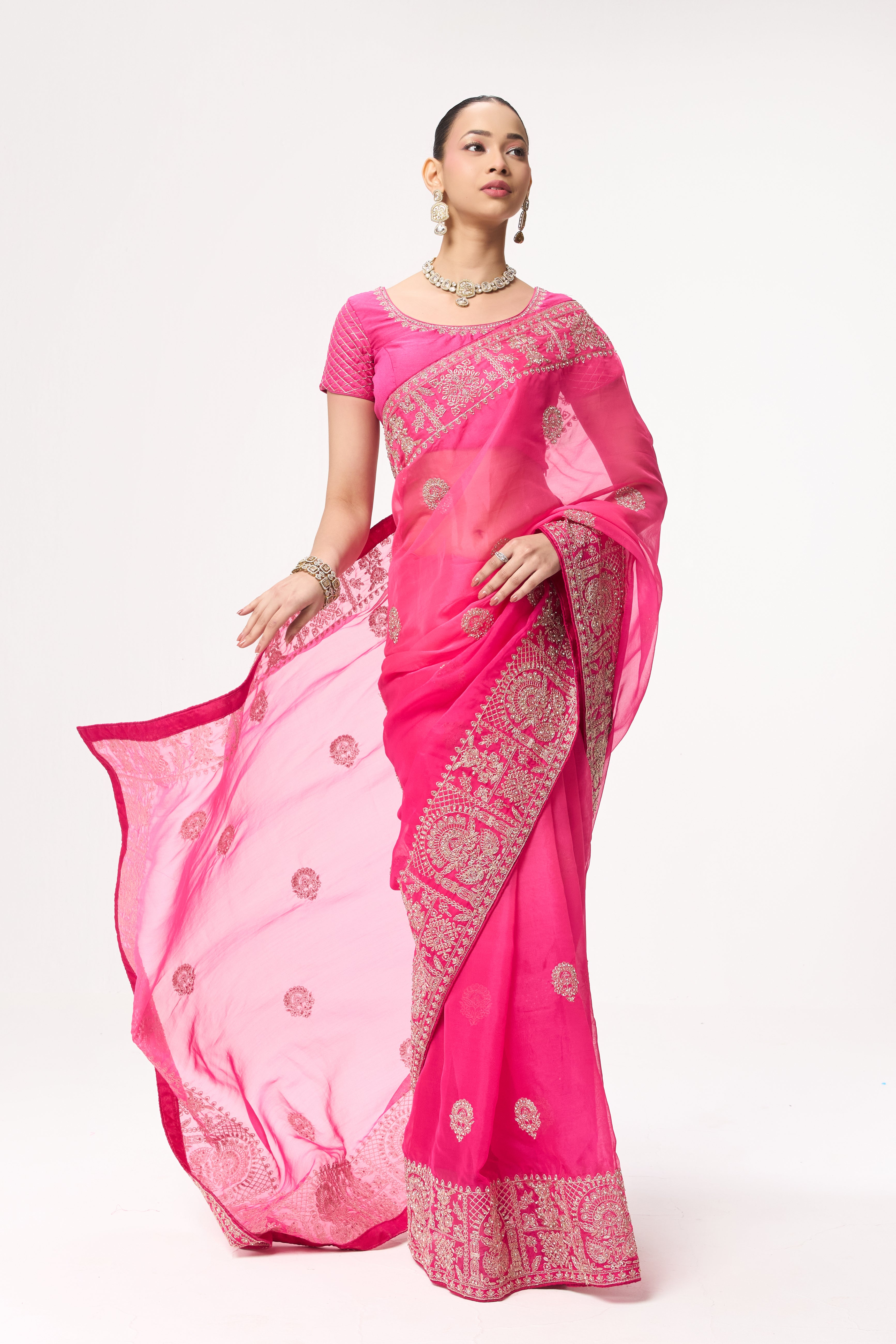 Pink Ombre Chiffon Saree with Embroidered Border and Blouse Fabric