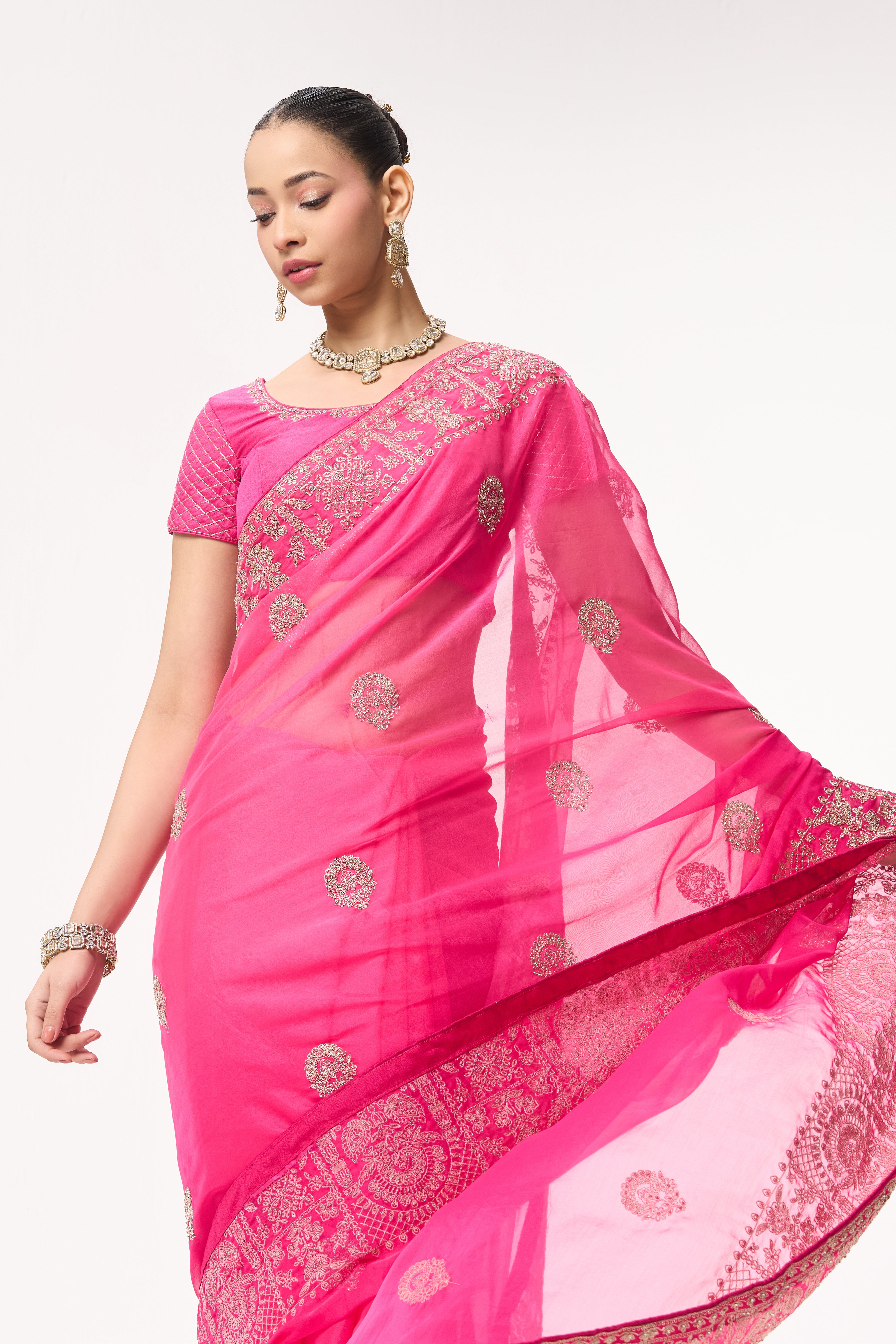 Pink Ombre Chiffon Saree with Embroidered Border and Blouse Fabric