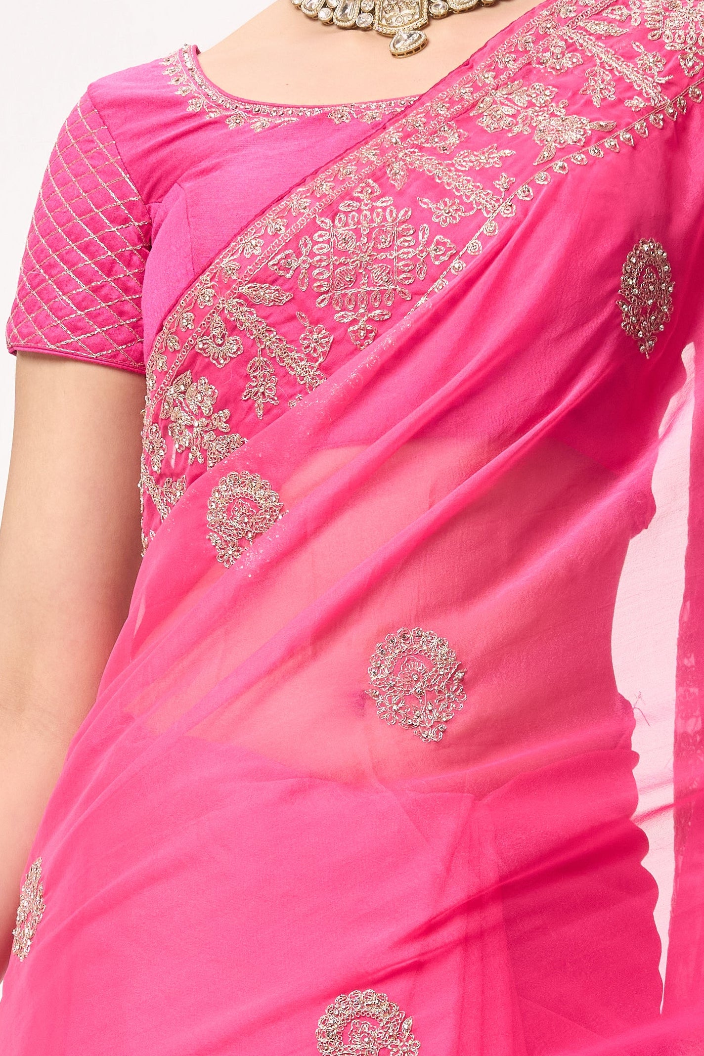 Pink Ombre Chiffon Saree with Embroidered Border and Blouse Fabric
