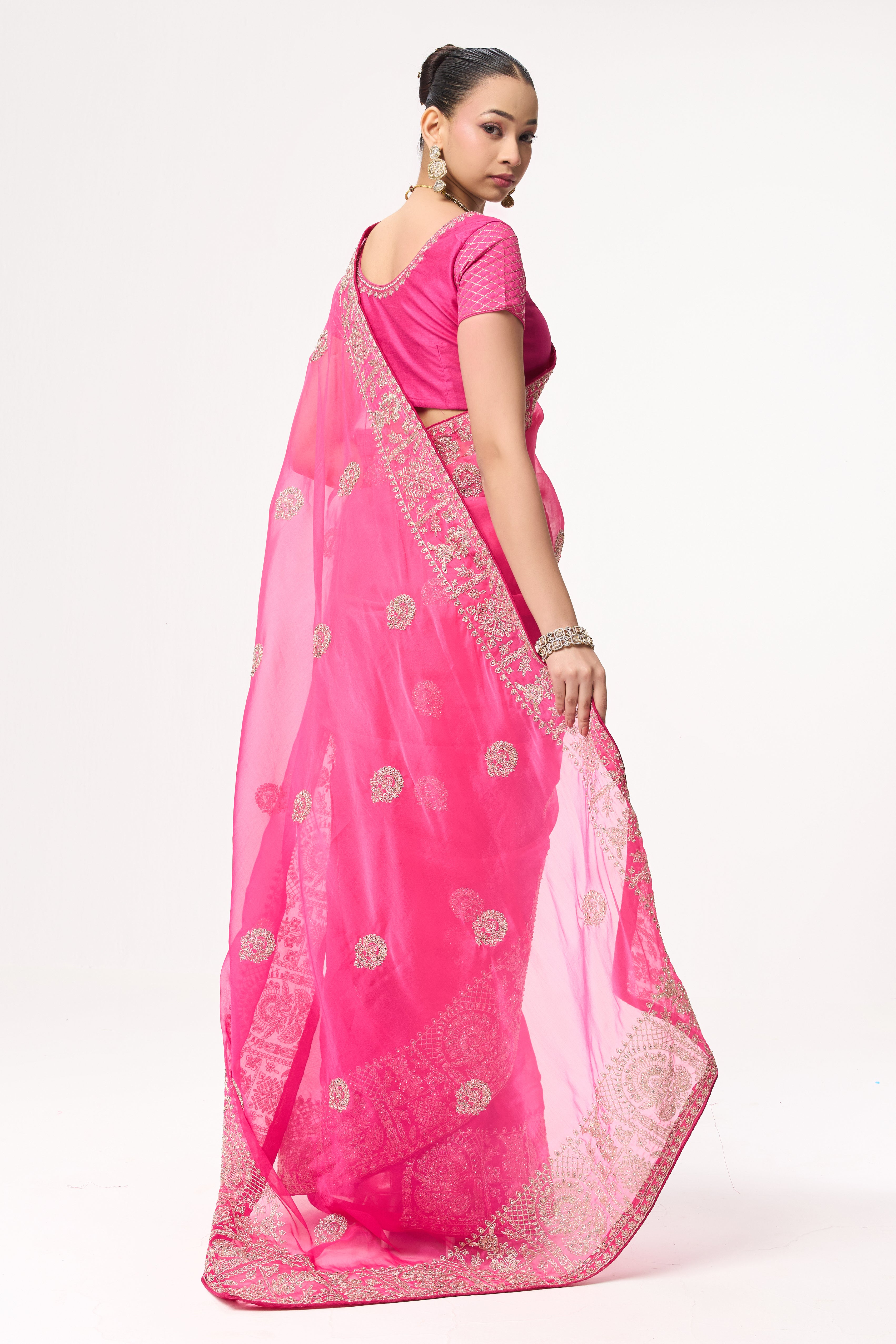 Pink Ombre Chiffon Saree with Embroidered Border and Blouse Fabric