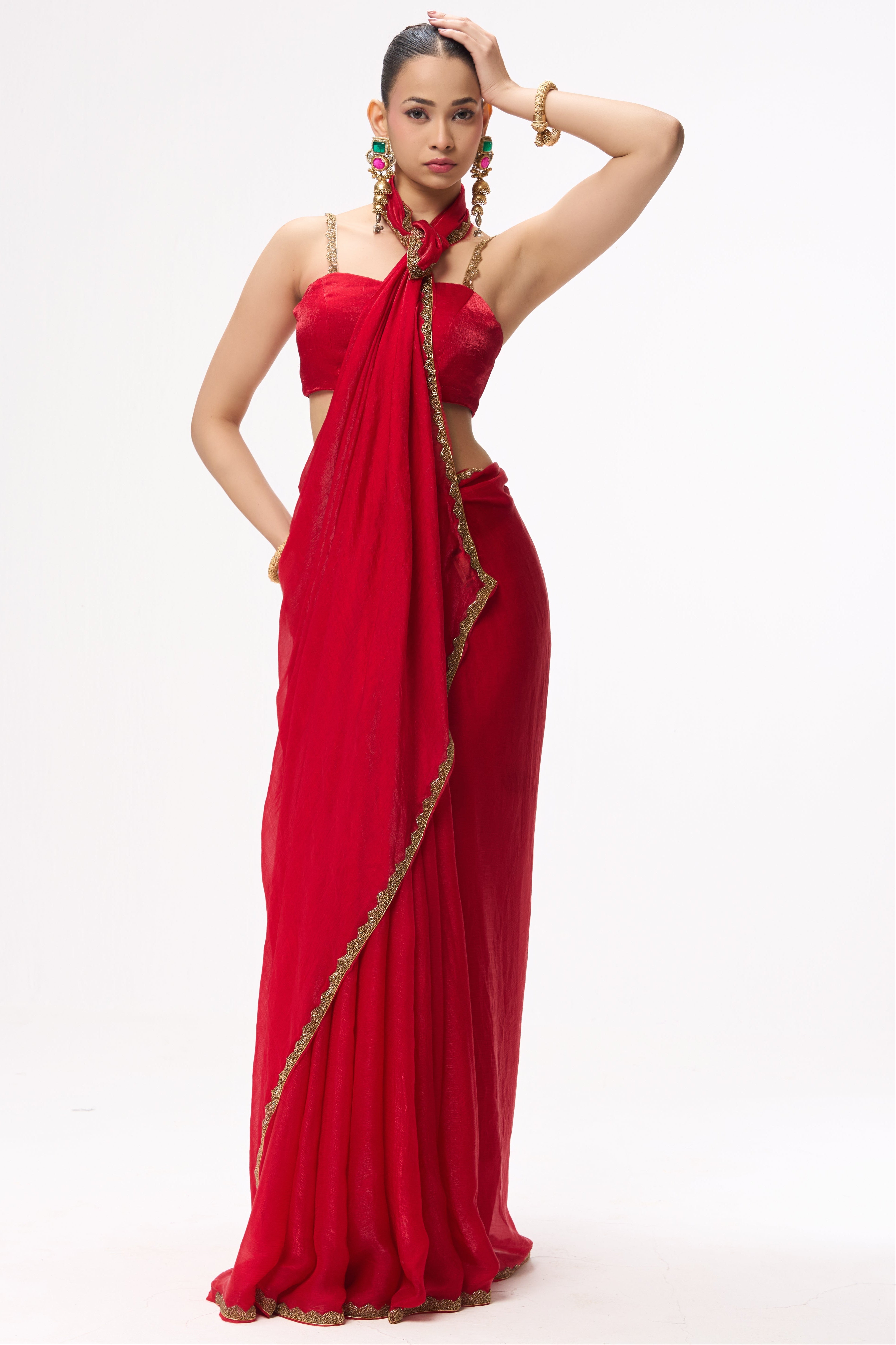 Red Gold Border Metallic Satin Saree with Blouse Fabric