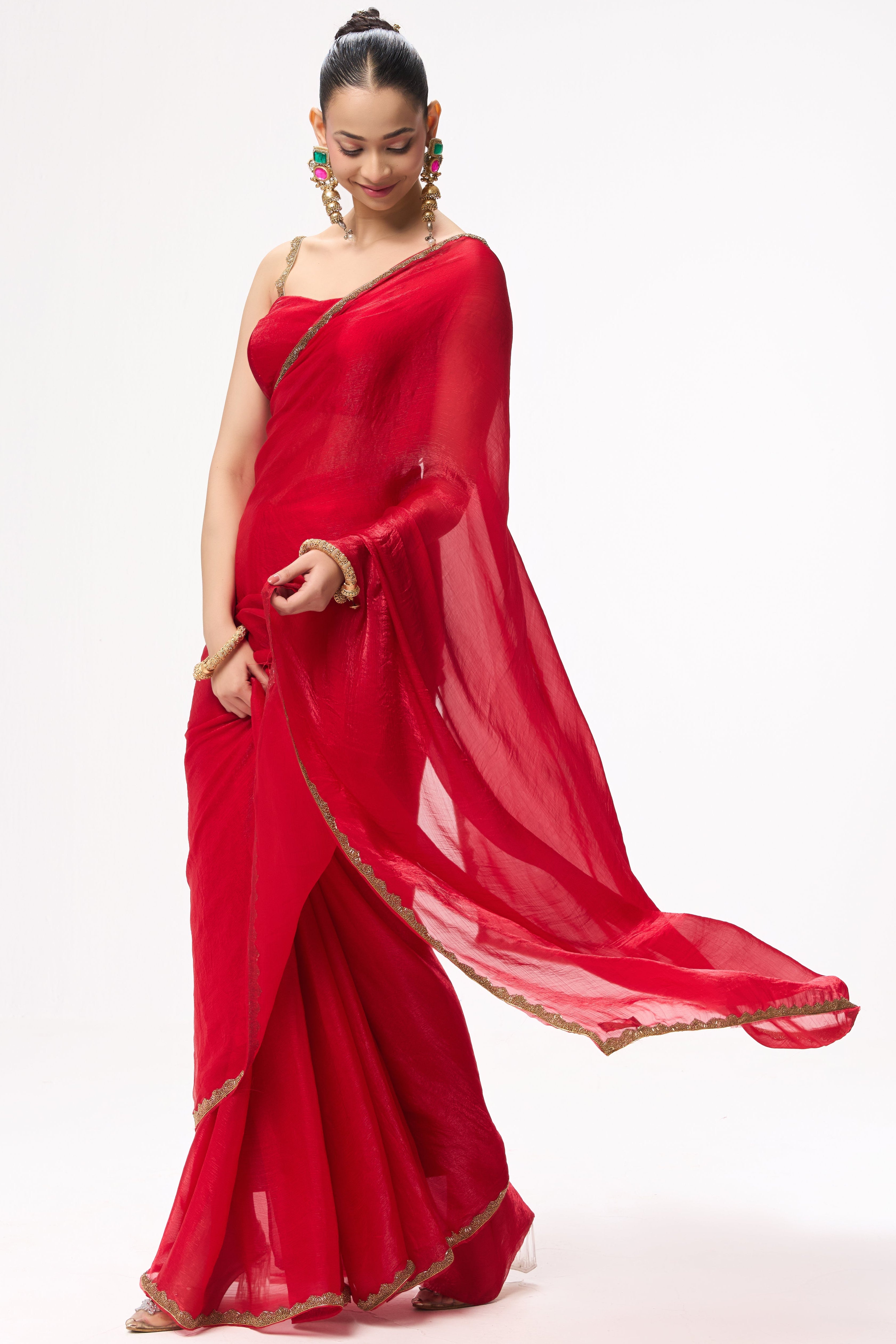 Red Gold Border Metallic Satin Saree with Blouse Fabric