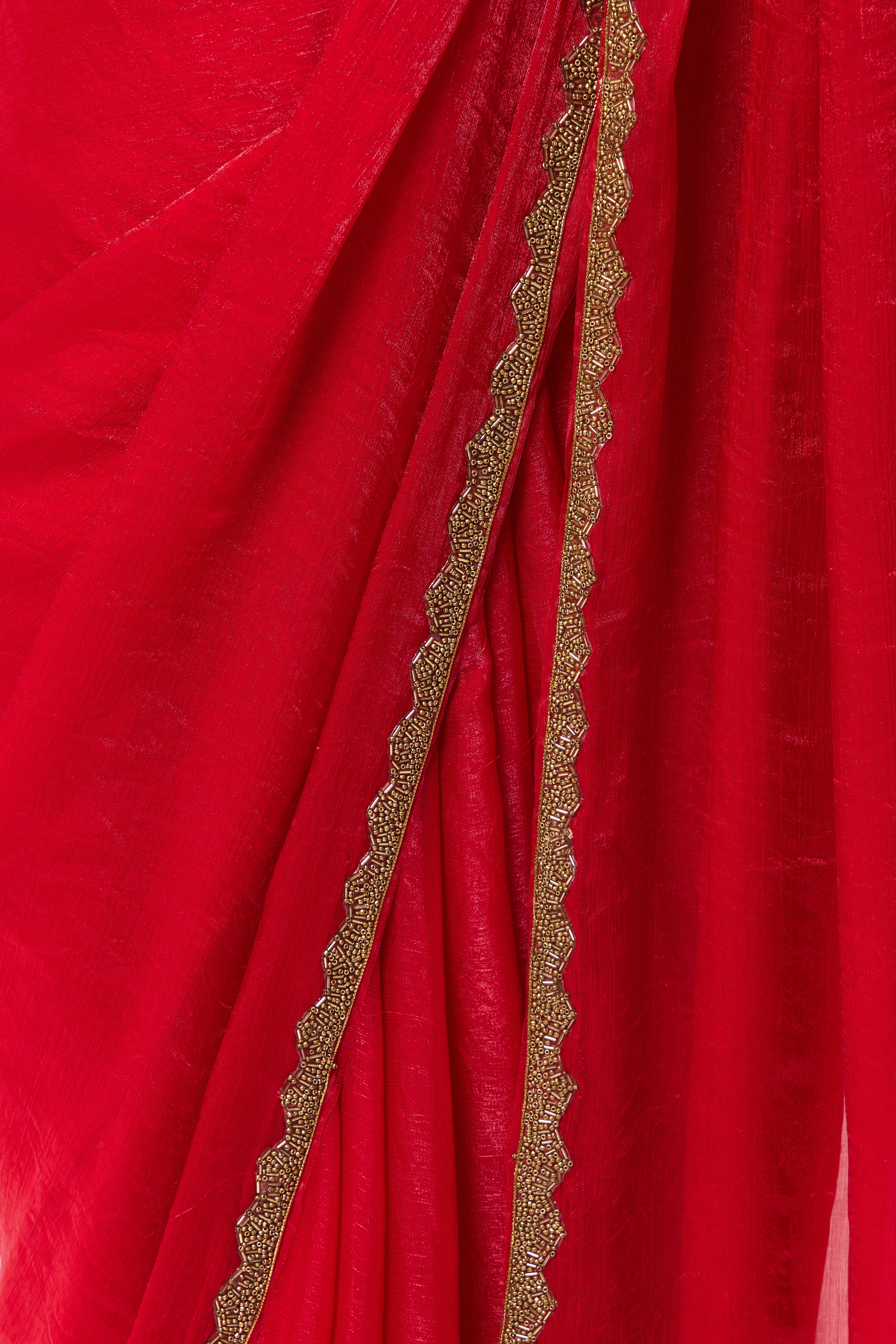 Red Gold Border Metallic Satin Saree with Blouse Fabric