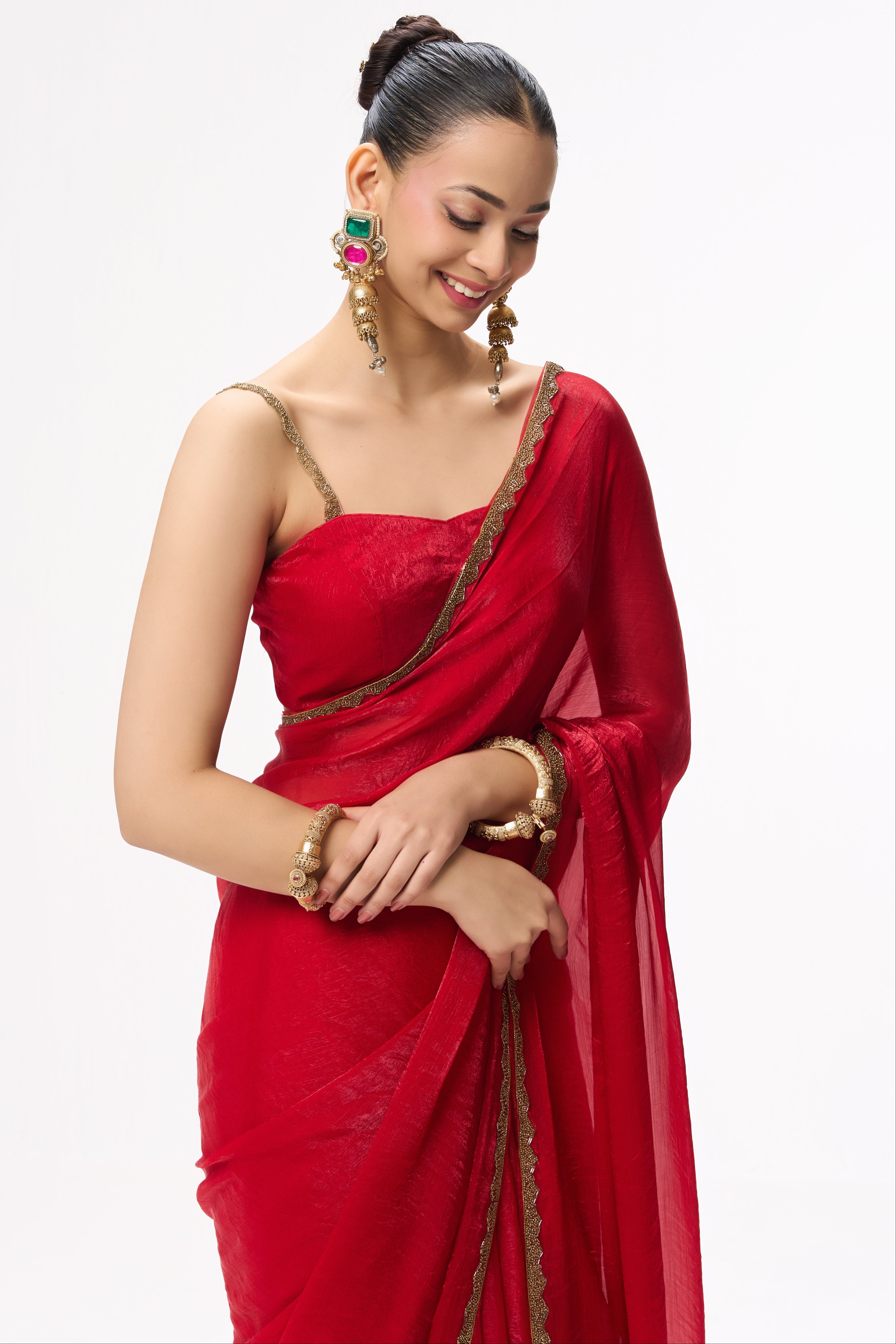 Red Gold Border Metallic Satin Saree with Blouse Fabric