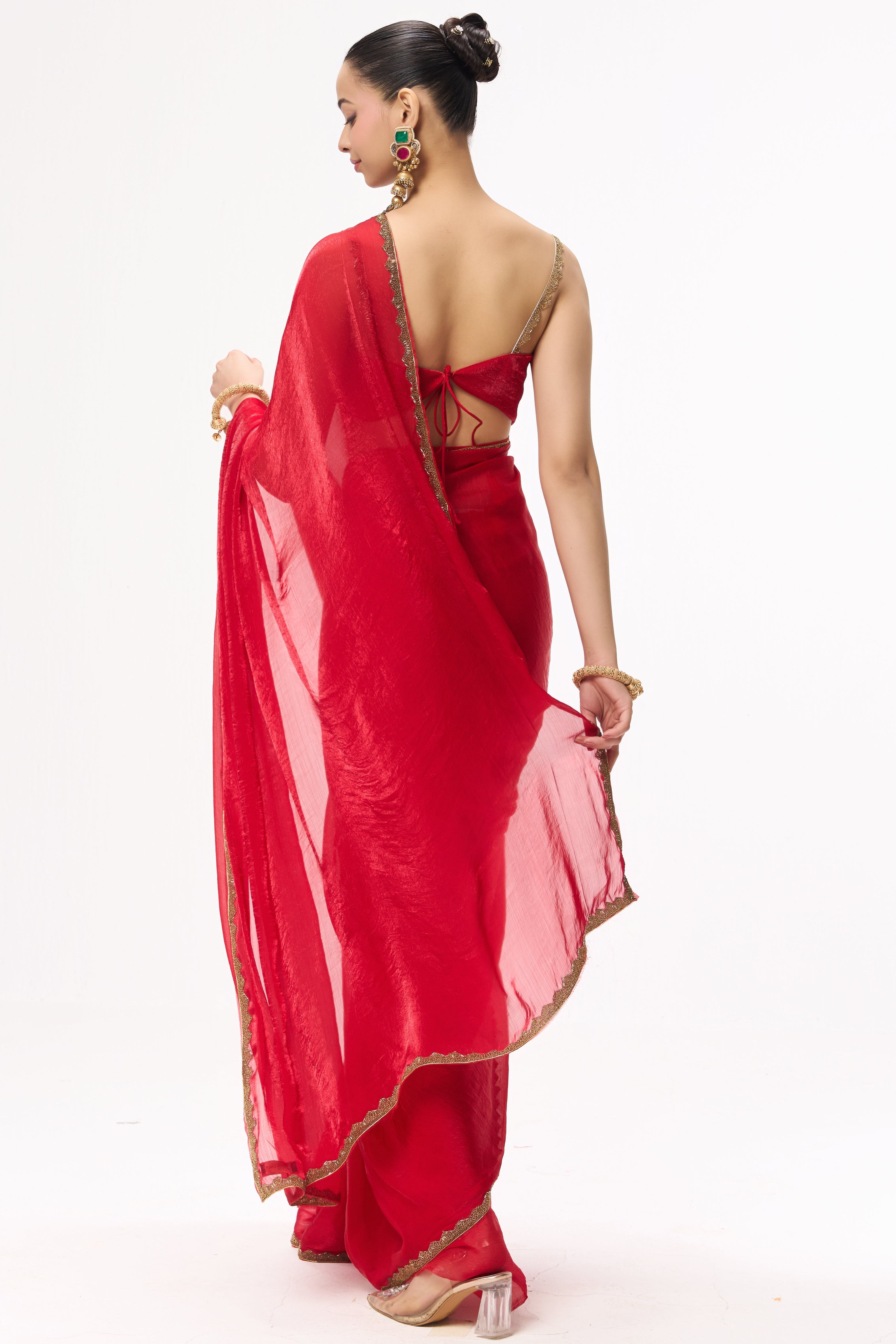 Red Gold Border Metallic Satin Saree with Blouse Fabric