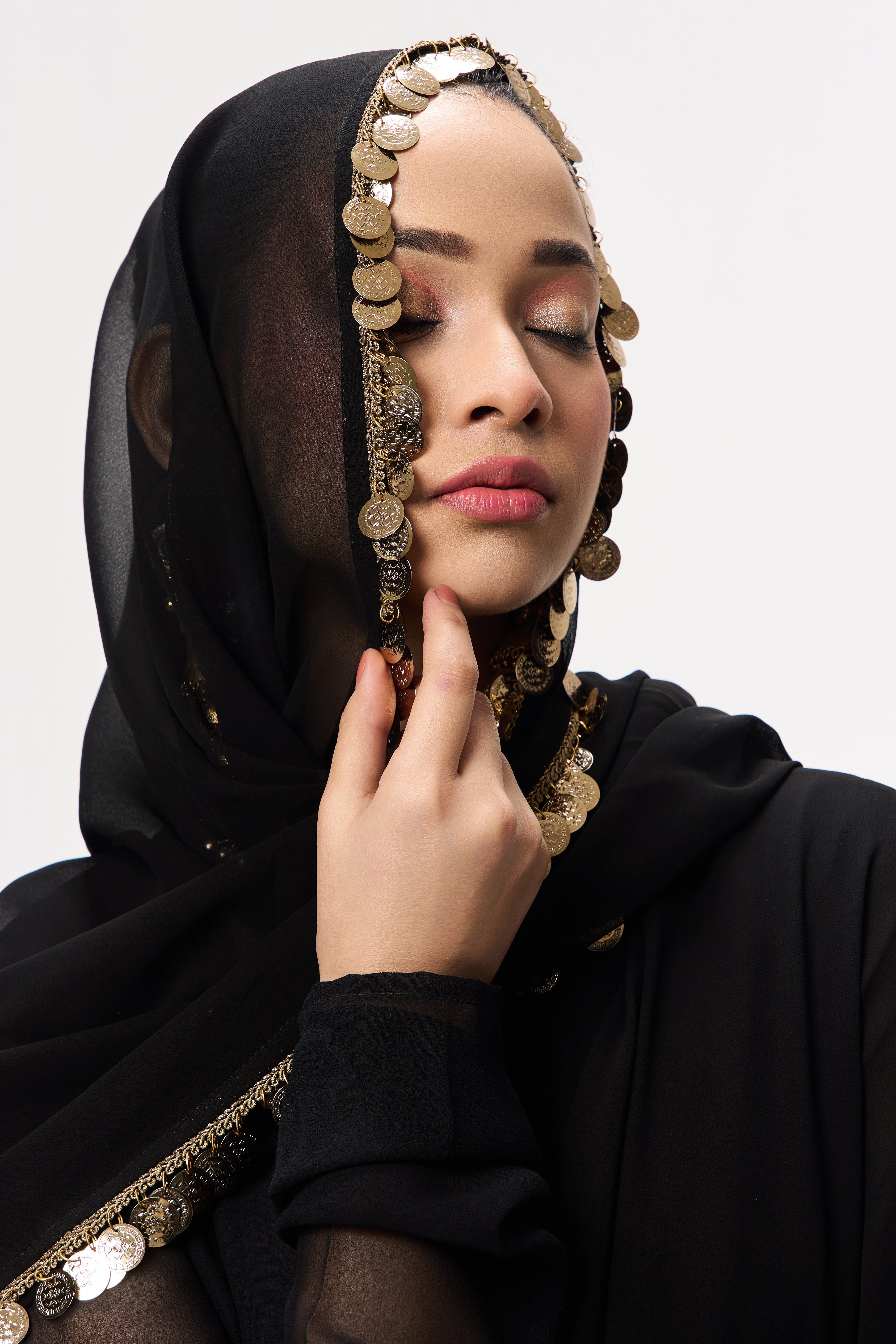 3 pc Suit Set - Black Magic Georgette Long Sleeve Anarkali Suit with Pants and Dupatta