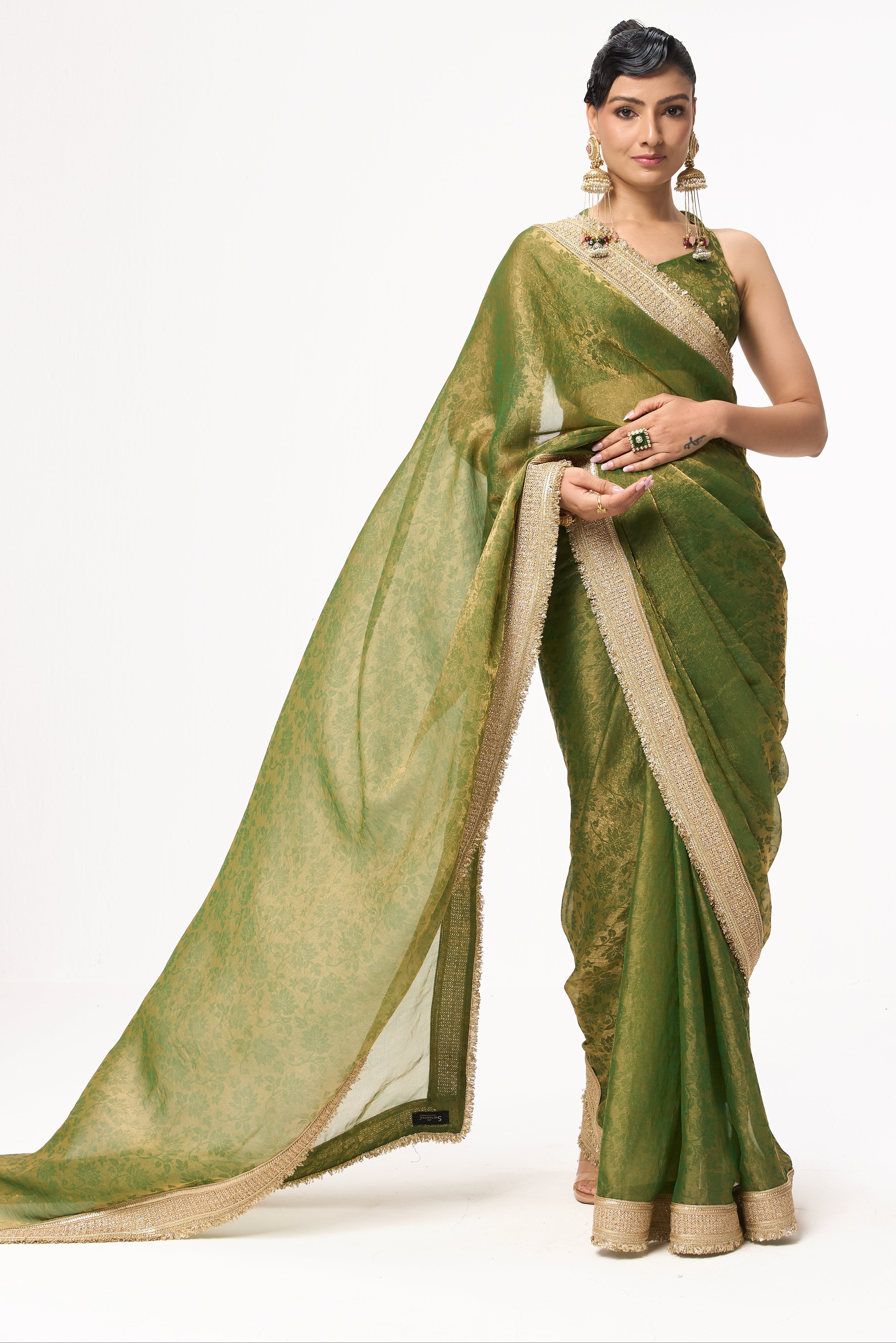Mehndi Q'la Gold Chiffon Saree with Border and Self Blouse Fabric