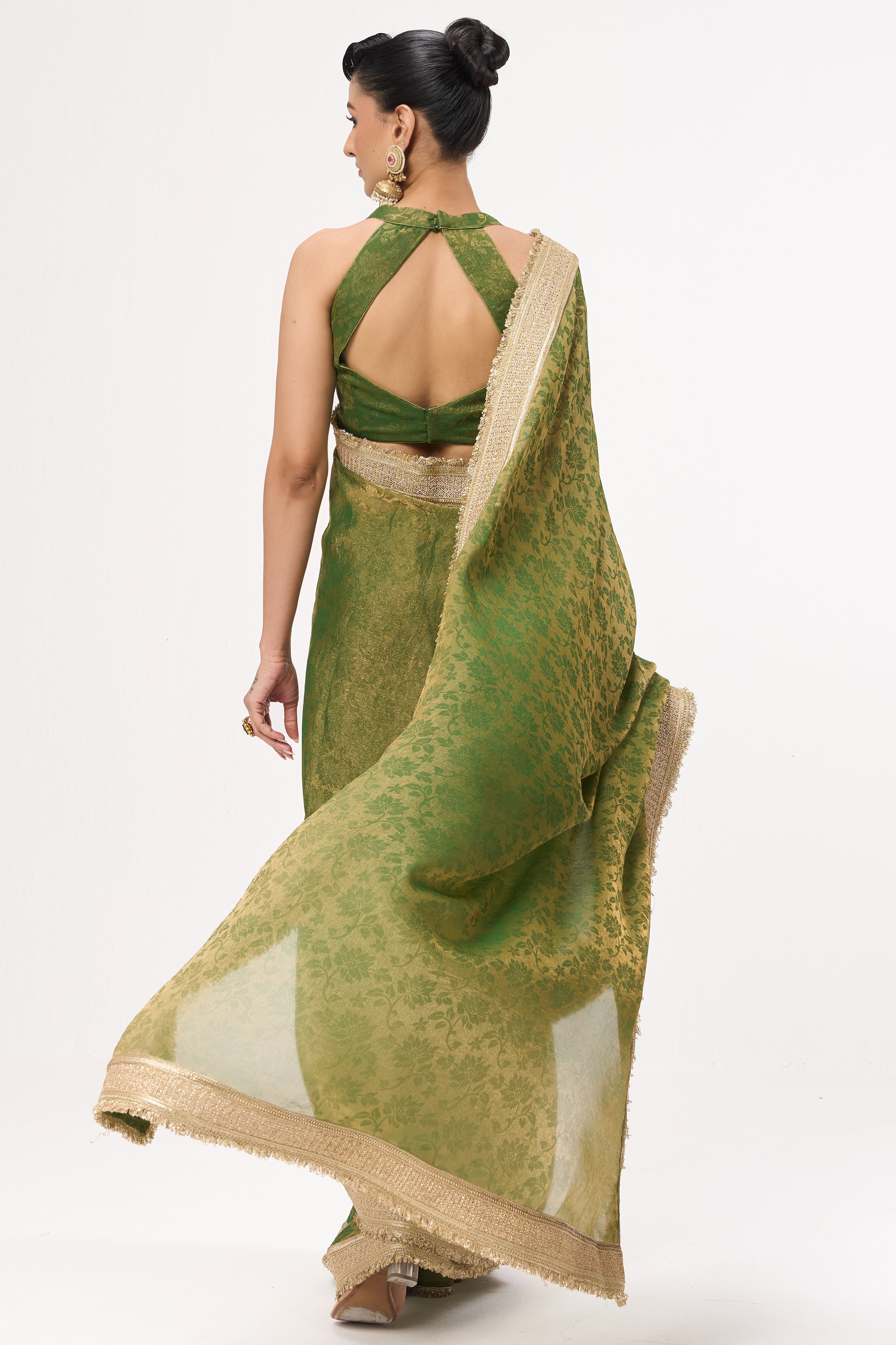 Mehndi Q'la Gold Chiffon Saree with Border and Self Blouse Fabric