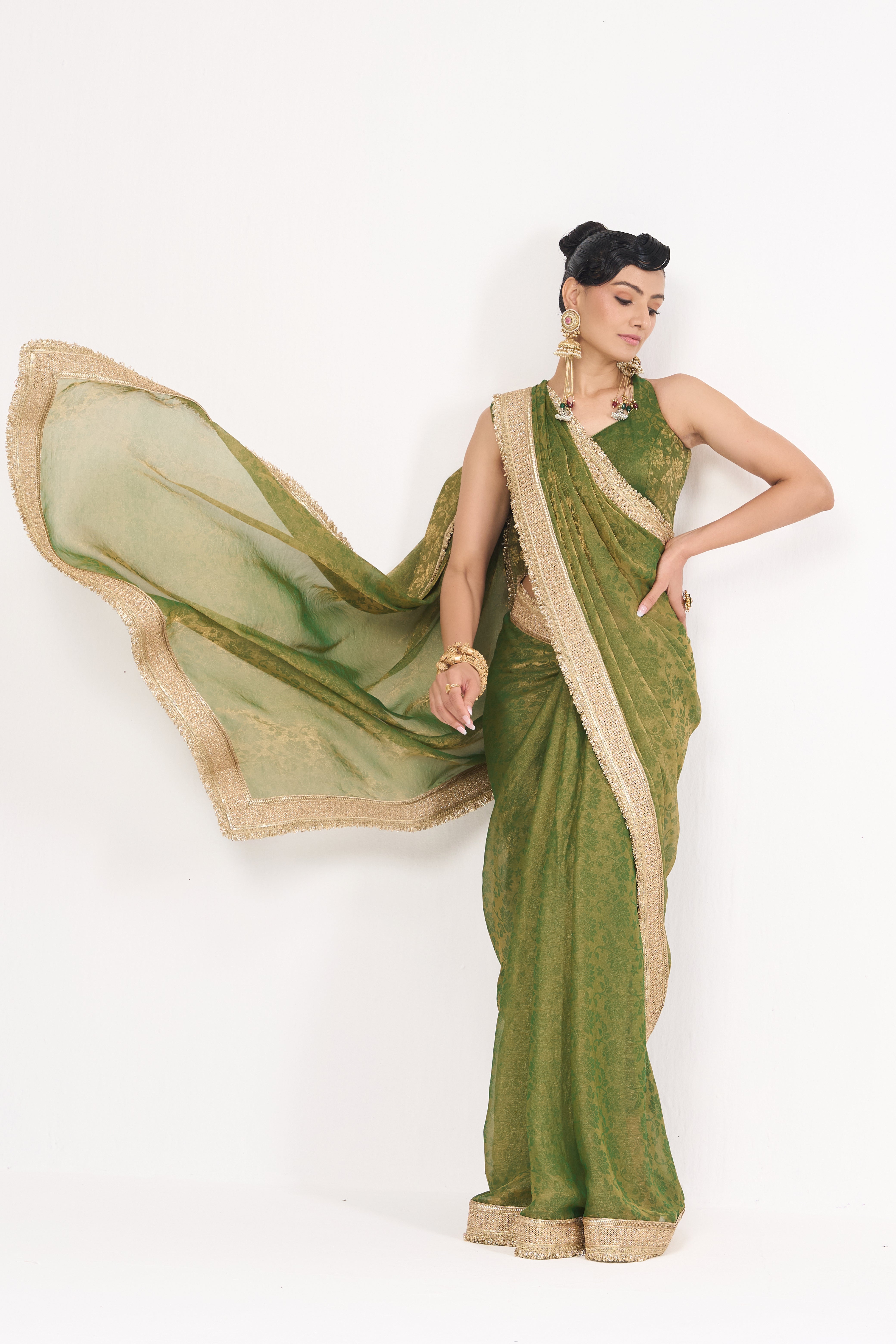 Mehndi Q'la Gold Chiffon Saree with Border and Self Blouse Fabric