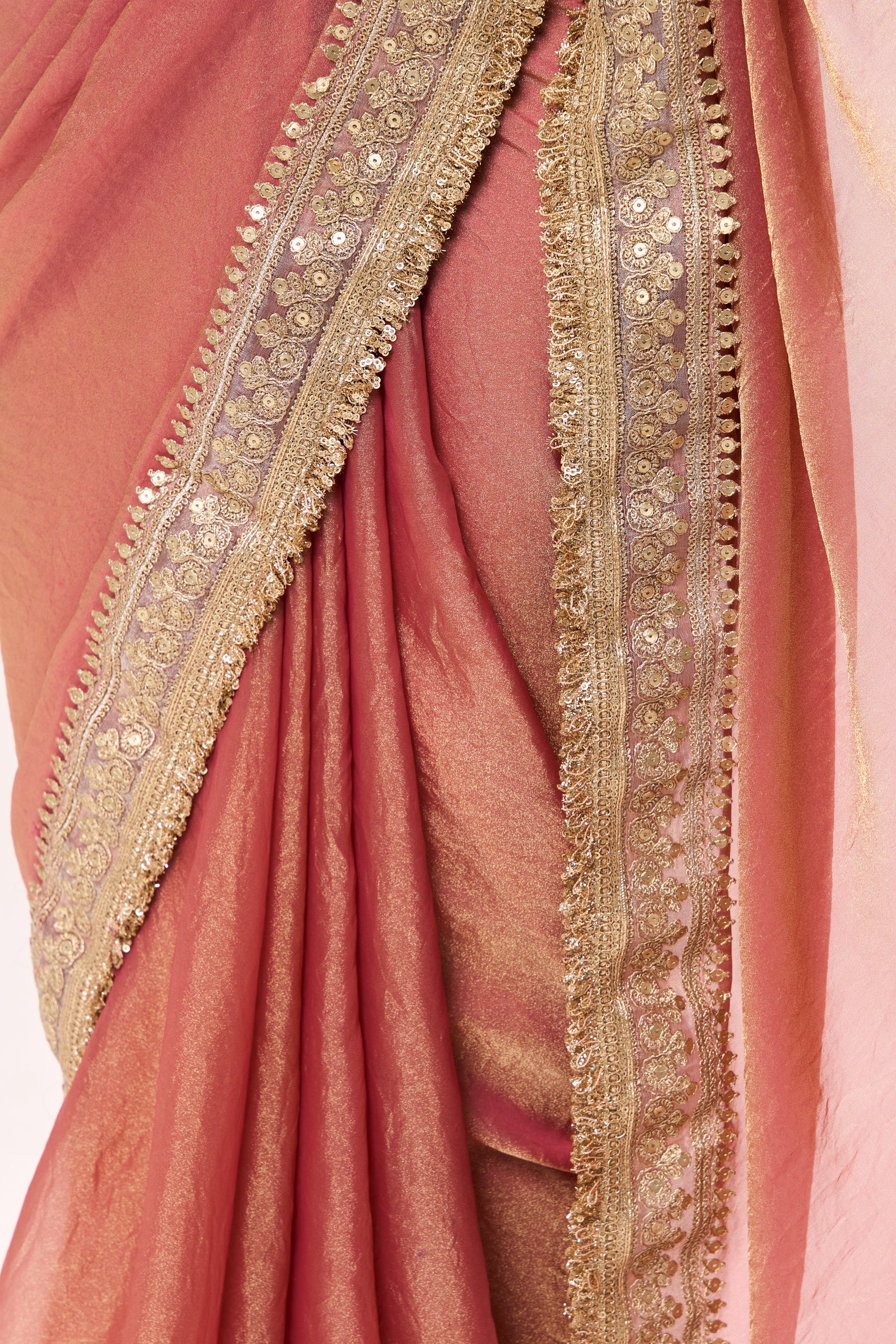 Dusky Peach Gold Metallic Chiffon Saree with Border and Sabya Cream Embroidered Stitched Blouse