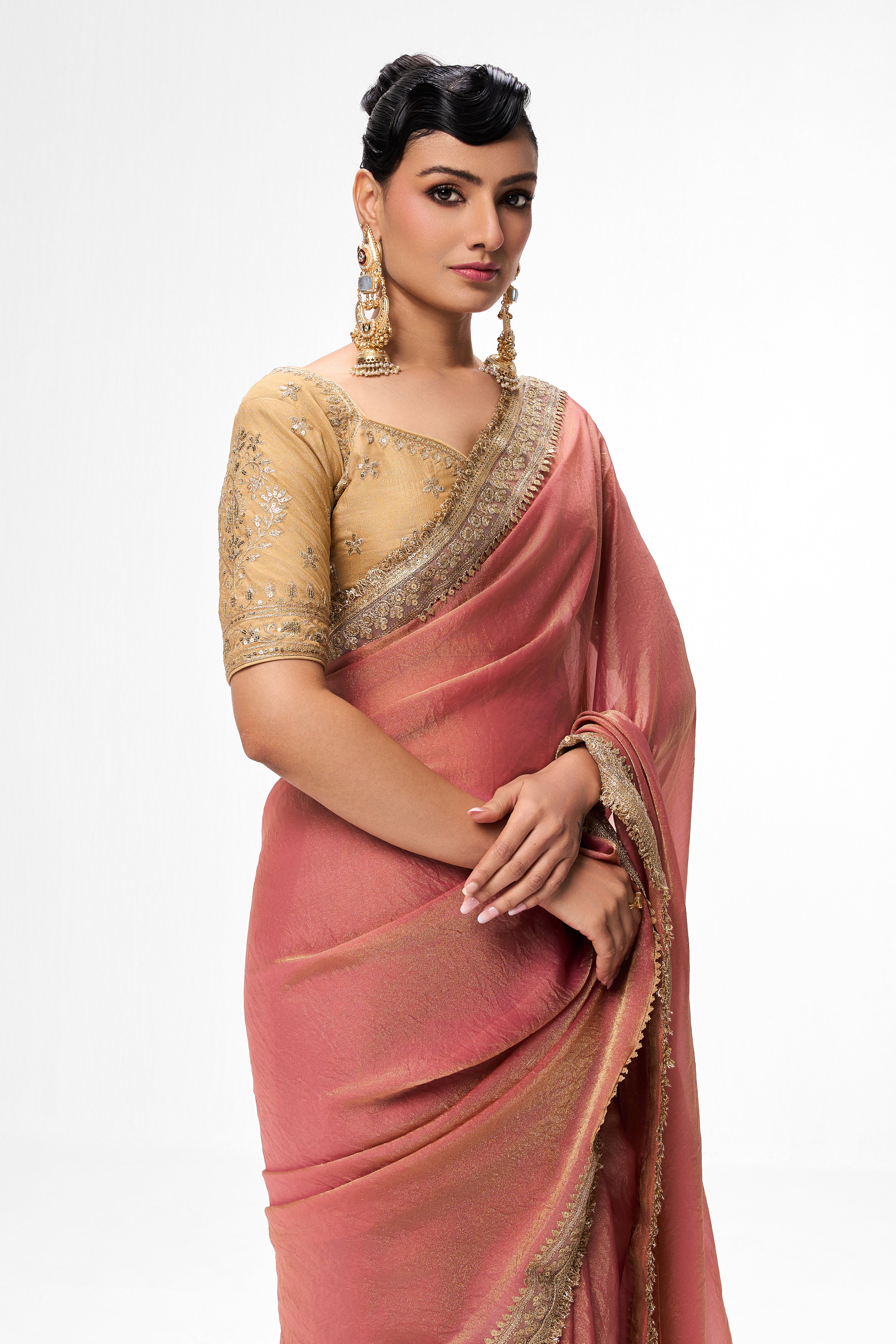 With Readymade Blouse - Dusky Peach Gold Metallic Chiffon Saree with Border and Sabya Cream Embroidered Stitched Blouse