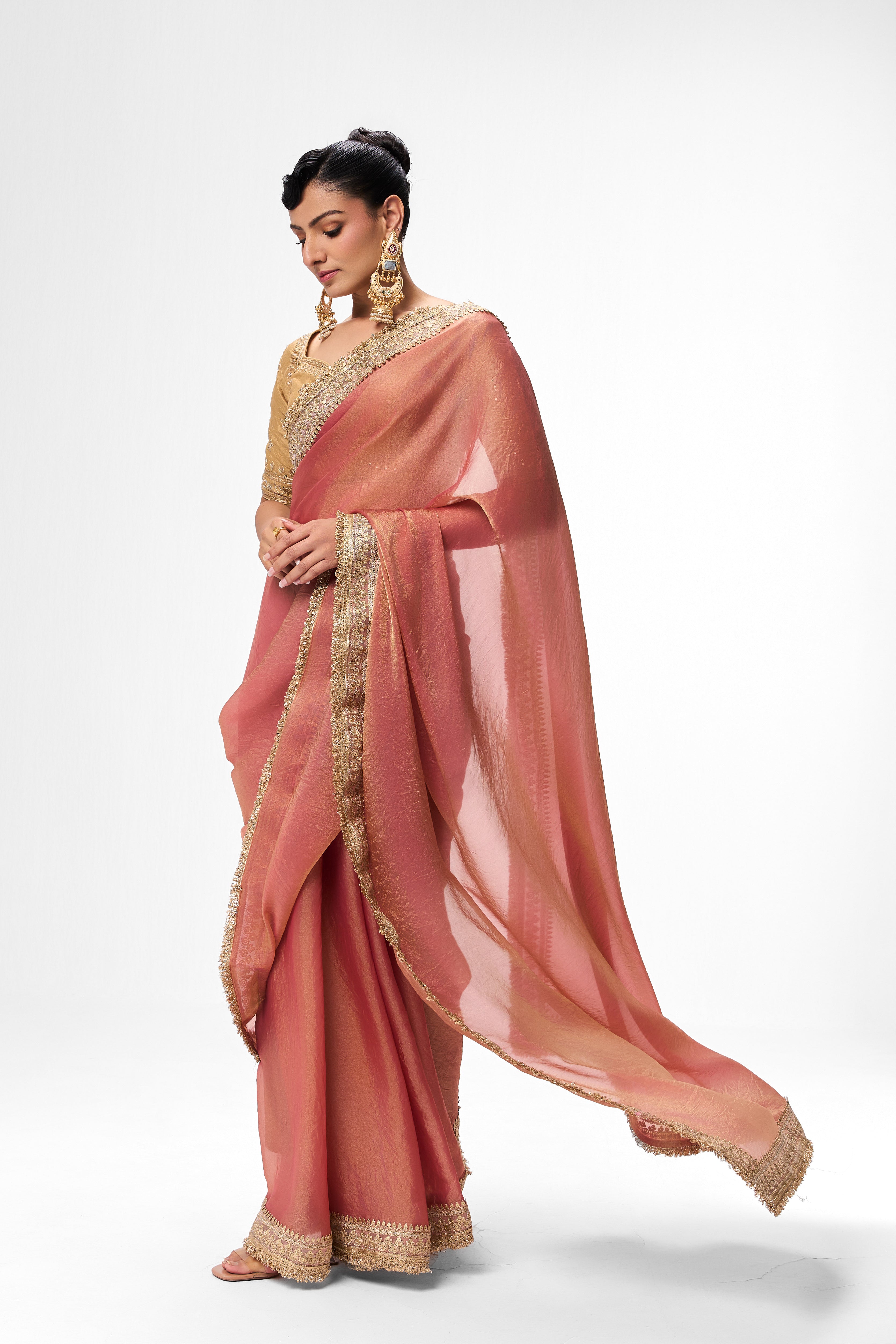 With Readymade Blouse - Dusky Peach Gold Metallic Chiffon Saree with Border and Sabya Cream Embroidered Stitched Blouse