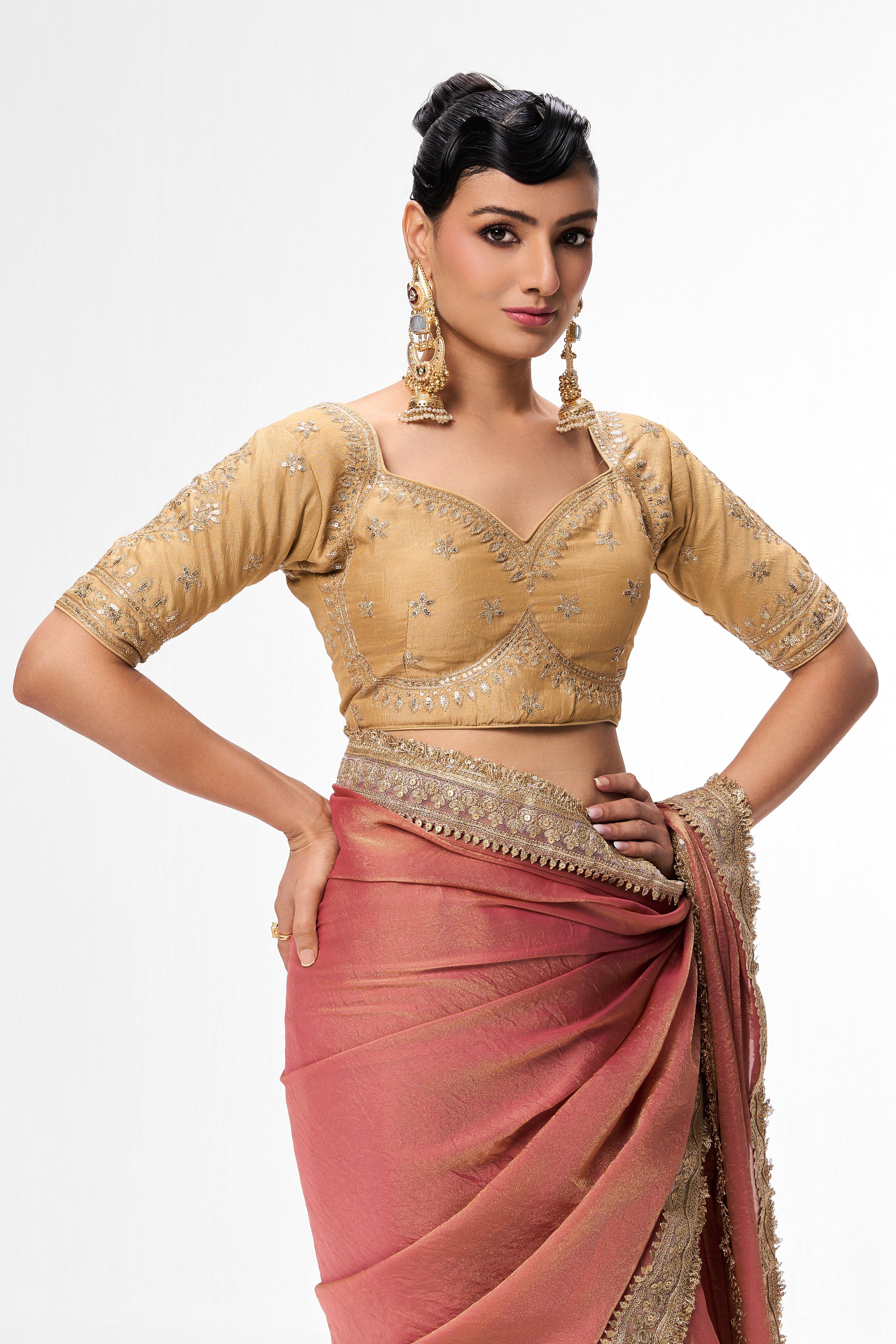 Dusky Peach Gold Metallic Chiffon Saree with Border and Sabya Cream Embroidered Stitched Blouse