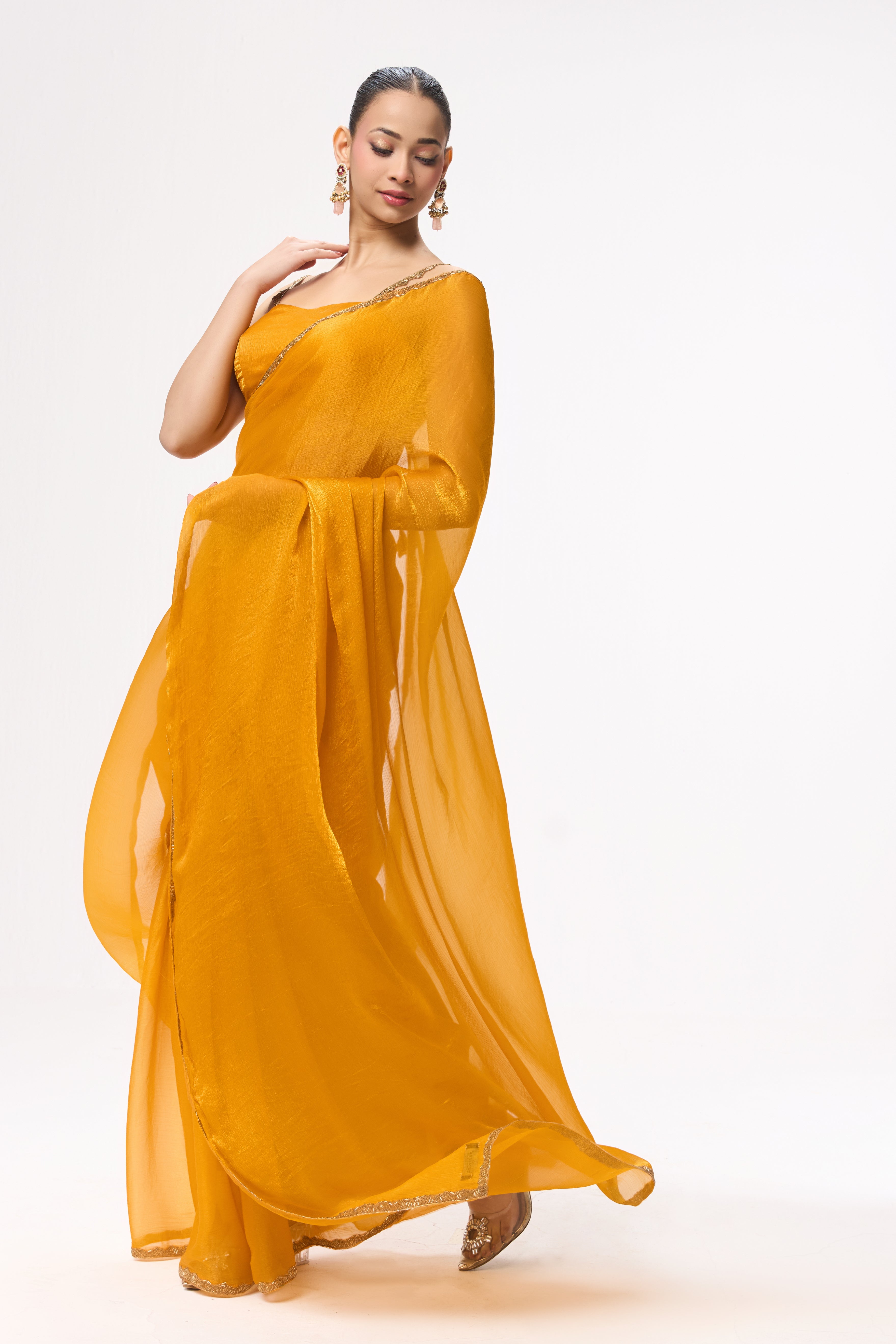 Yellow Gold Border Metallic Satin Saree with Blouse Fabric