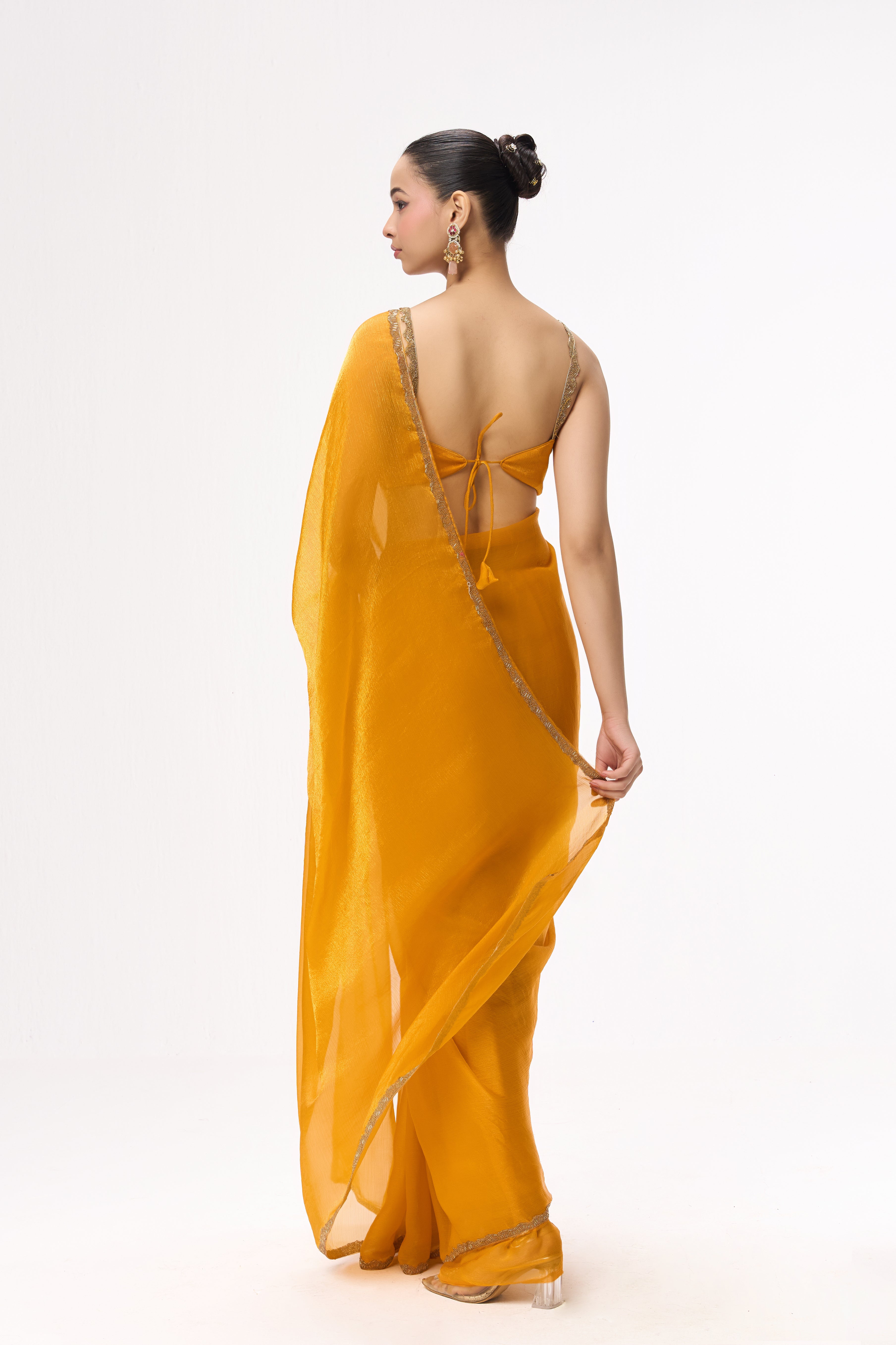 Yellow Gold Border Metallic Satin Saree with Blouse Fabric