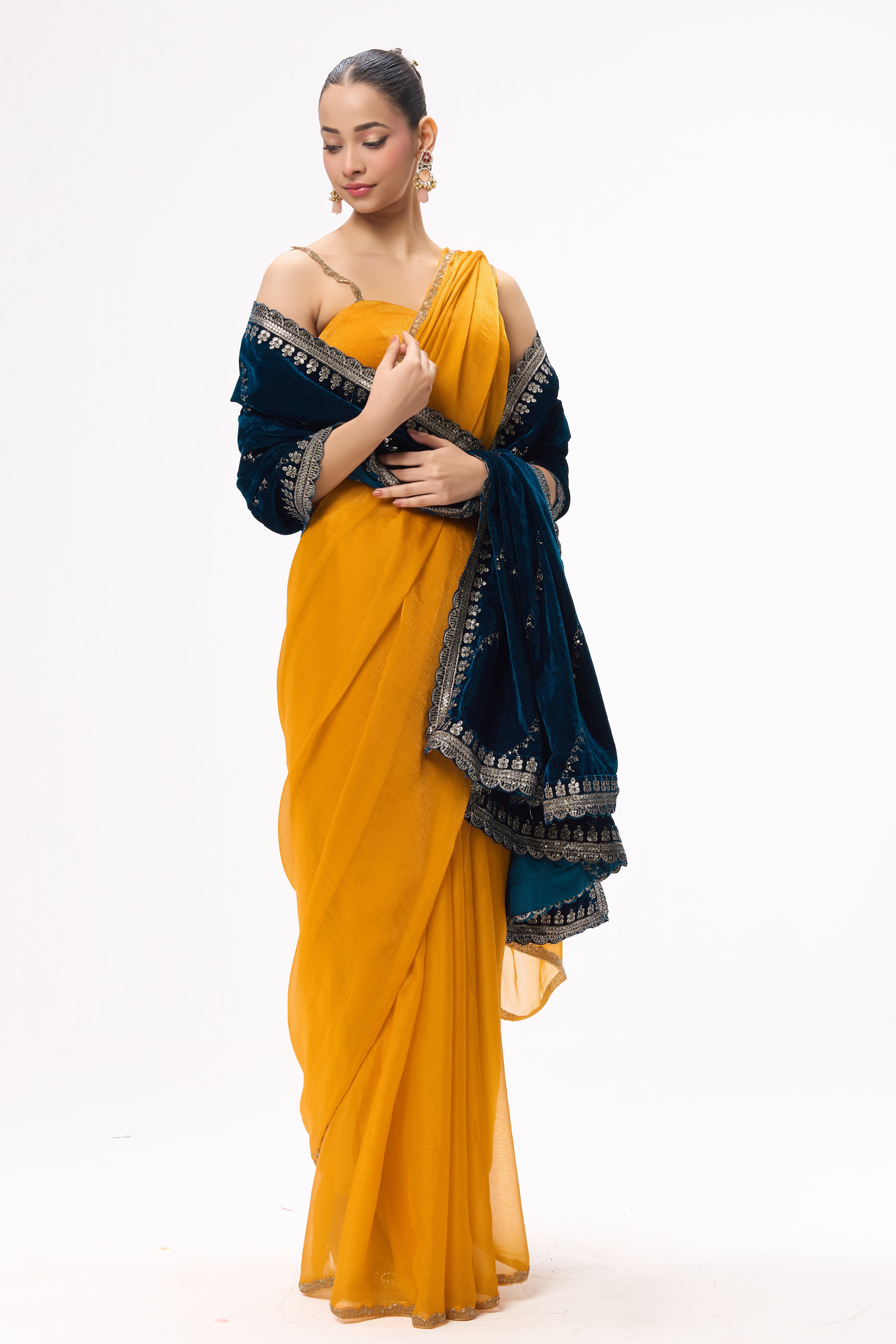 Yellow Gold Border Metallic Satin Saree with Blouse Fabric