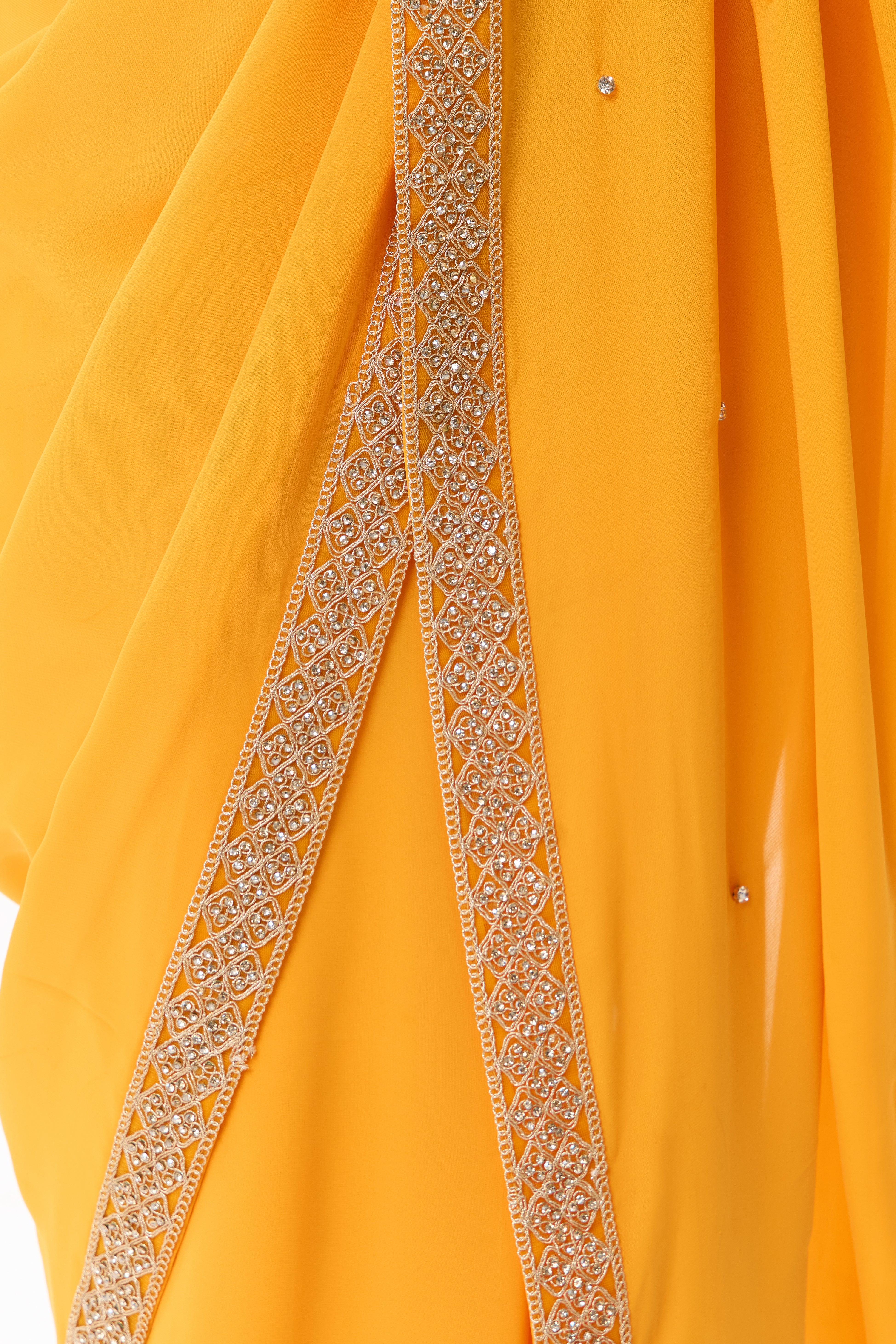 Turmeric Yellow Drapy Georgette Saree with Diamonds and Self Blouse Fabric