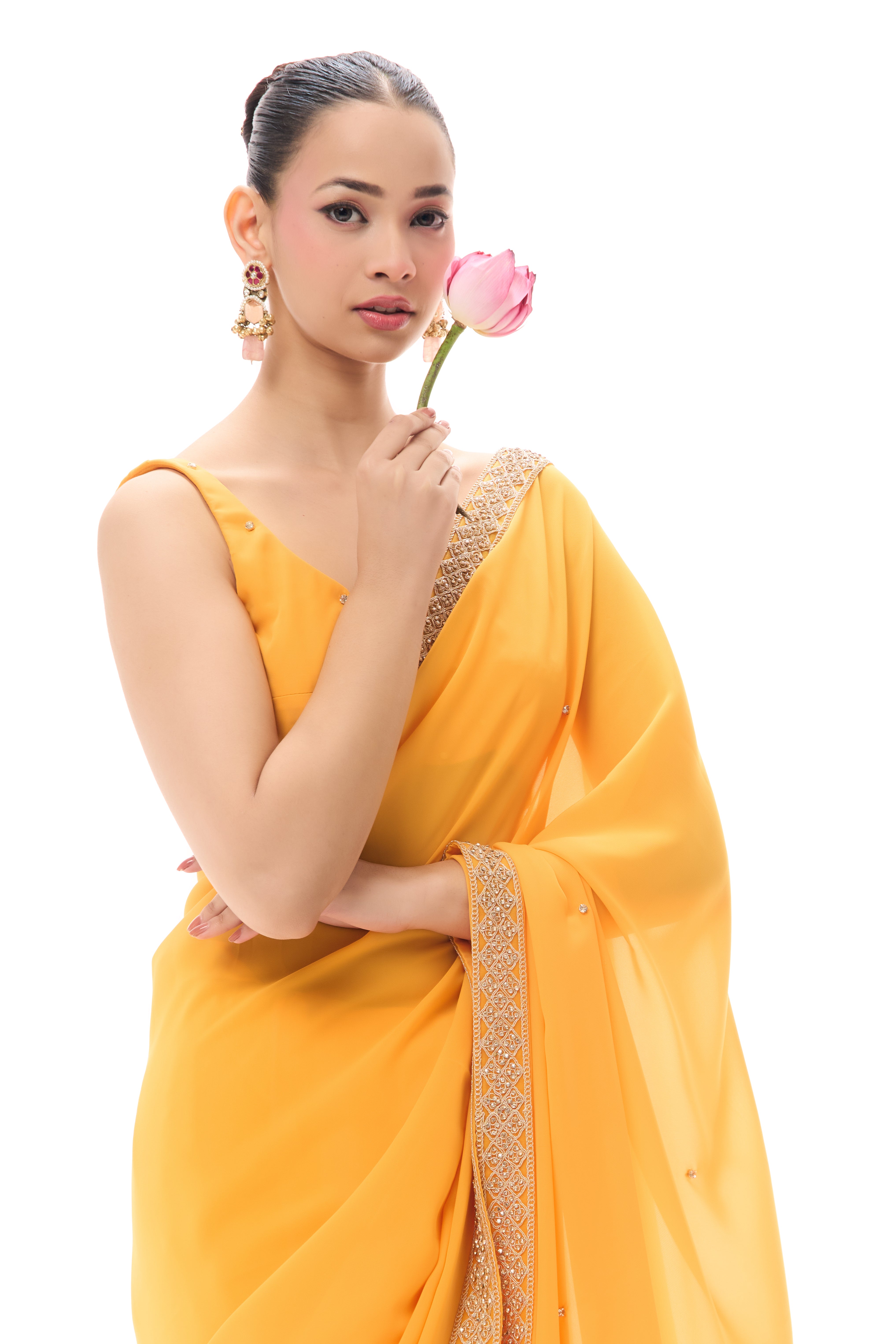 Turmeric Yellow Drapy Georgette Saree with Diamonds and Self Blouse Fabric