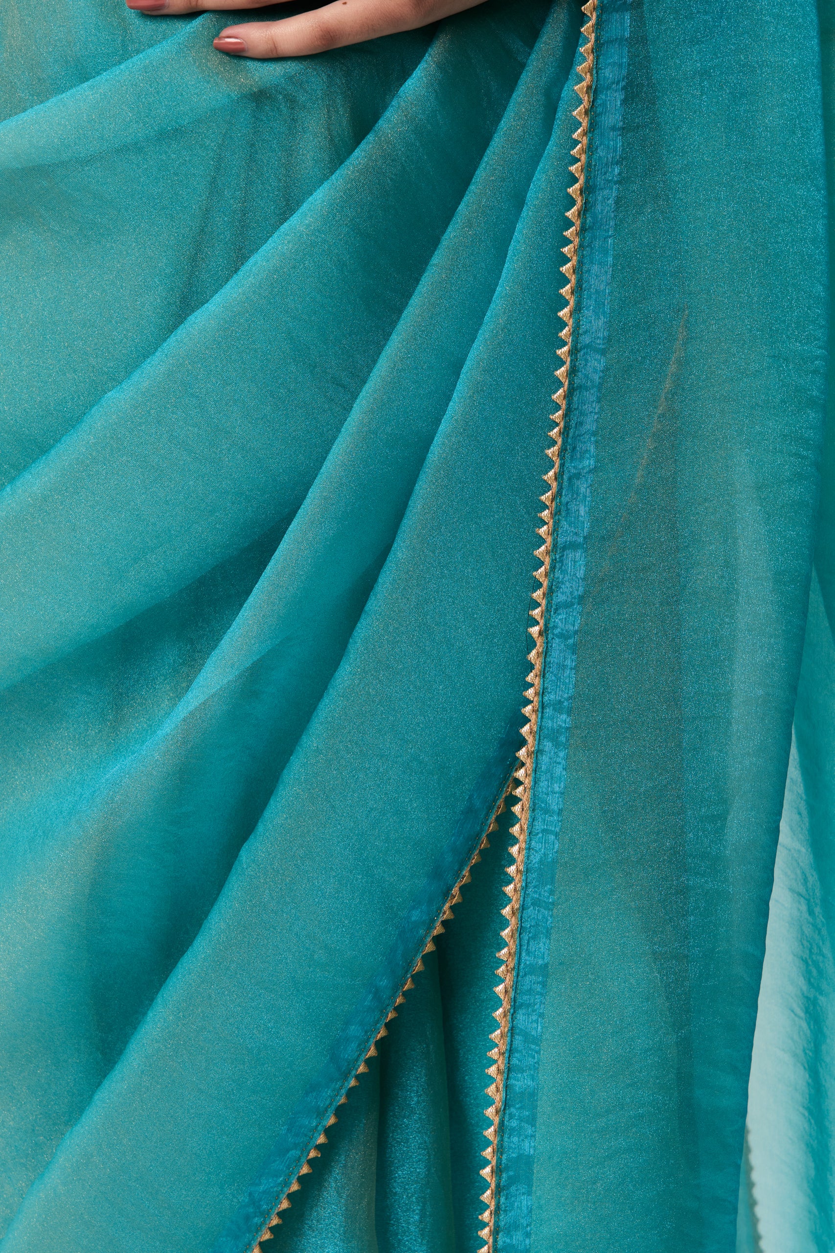 Aqua Blue Gold Chiffon Saree with Sabya Grey Gold Jacquard Readymade Blouse