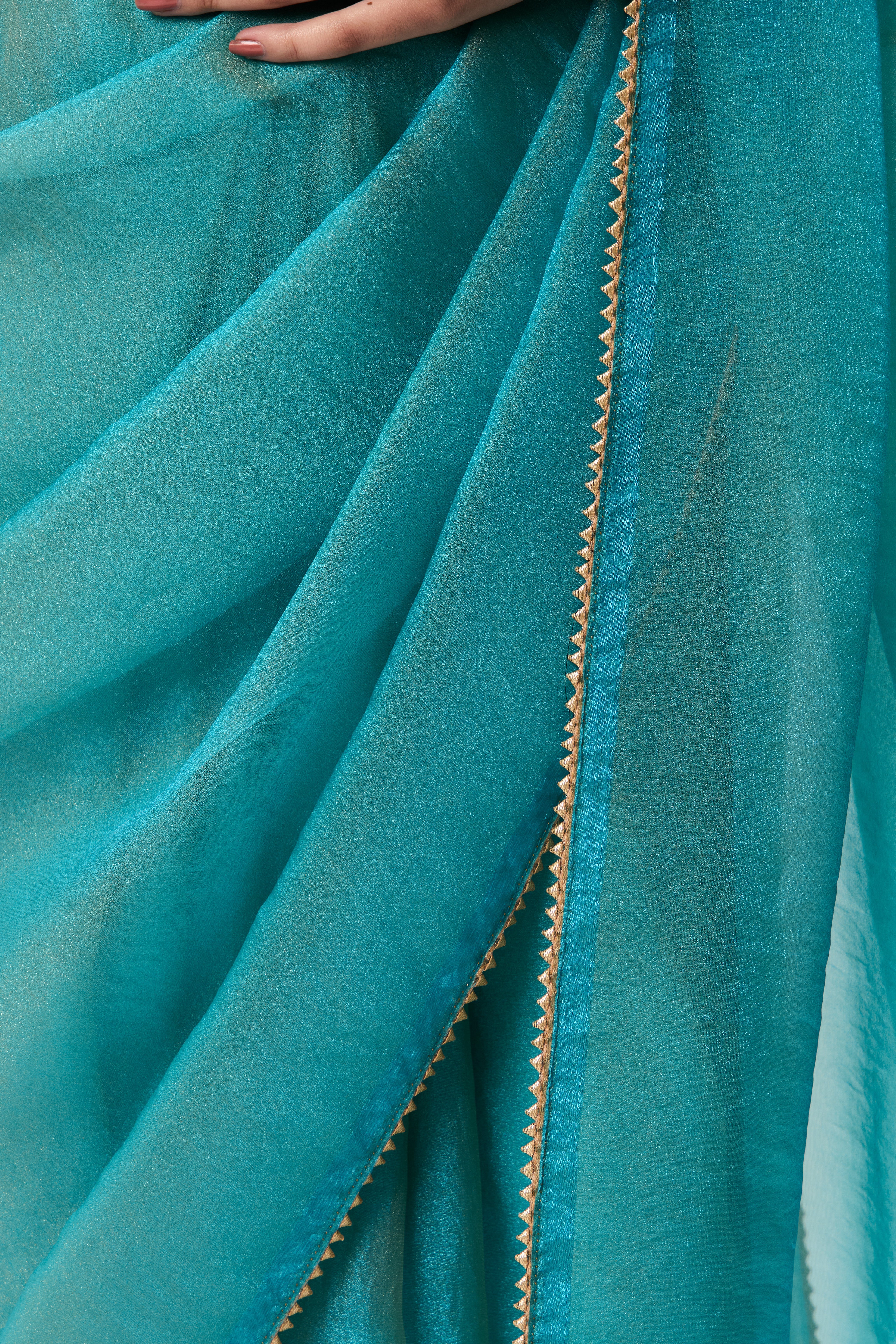 With Readymade Blouse - Aqua Blue Gold Chiffon Saree with Sabya Grey Gold Jacquard Readymade Blouse