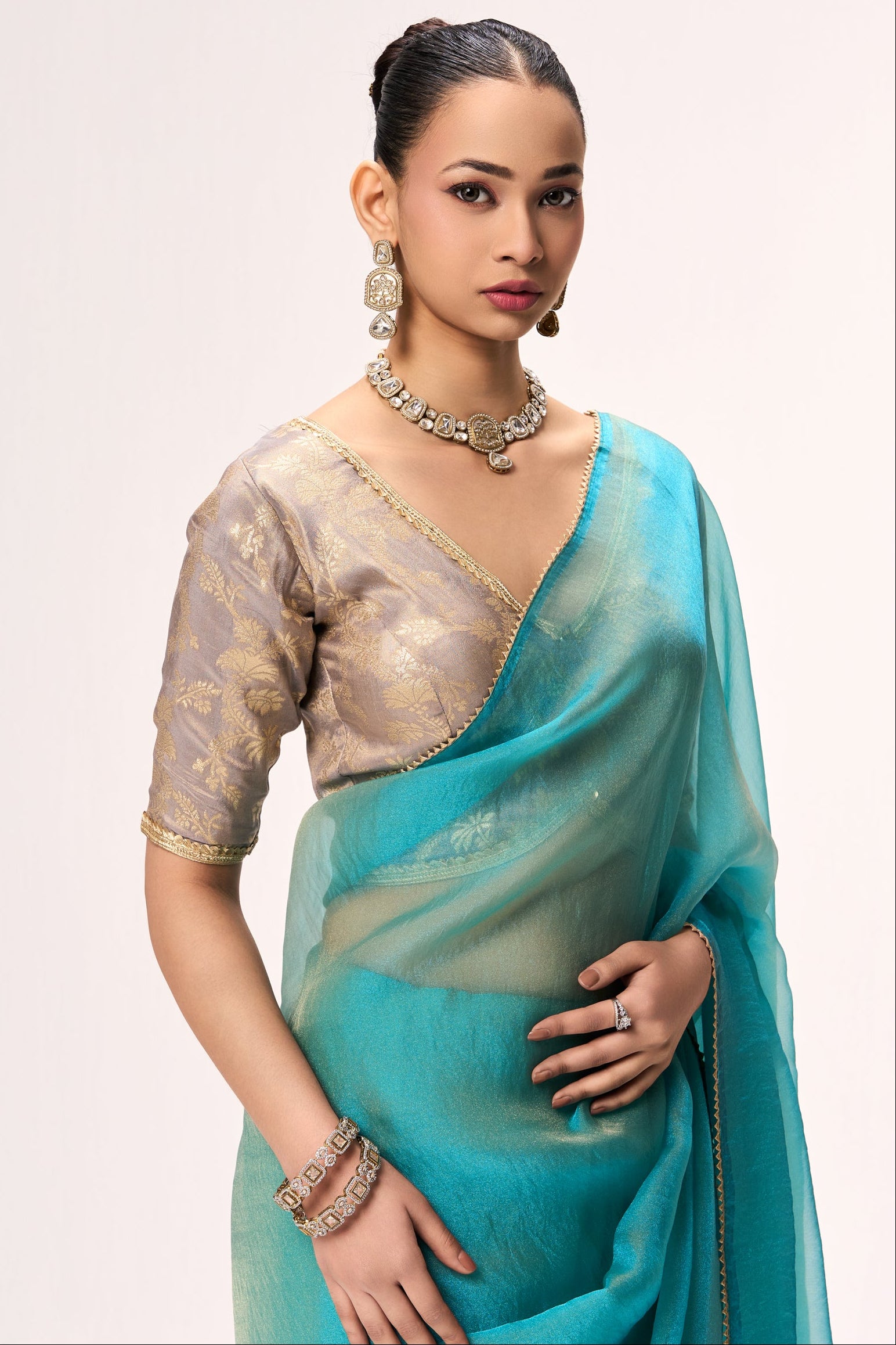 Aqua Blue Gold Chiffon Saree with Sabya Grey Gold Jacquard Readymade Blouse