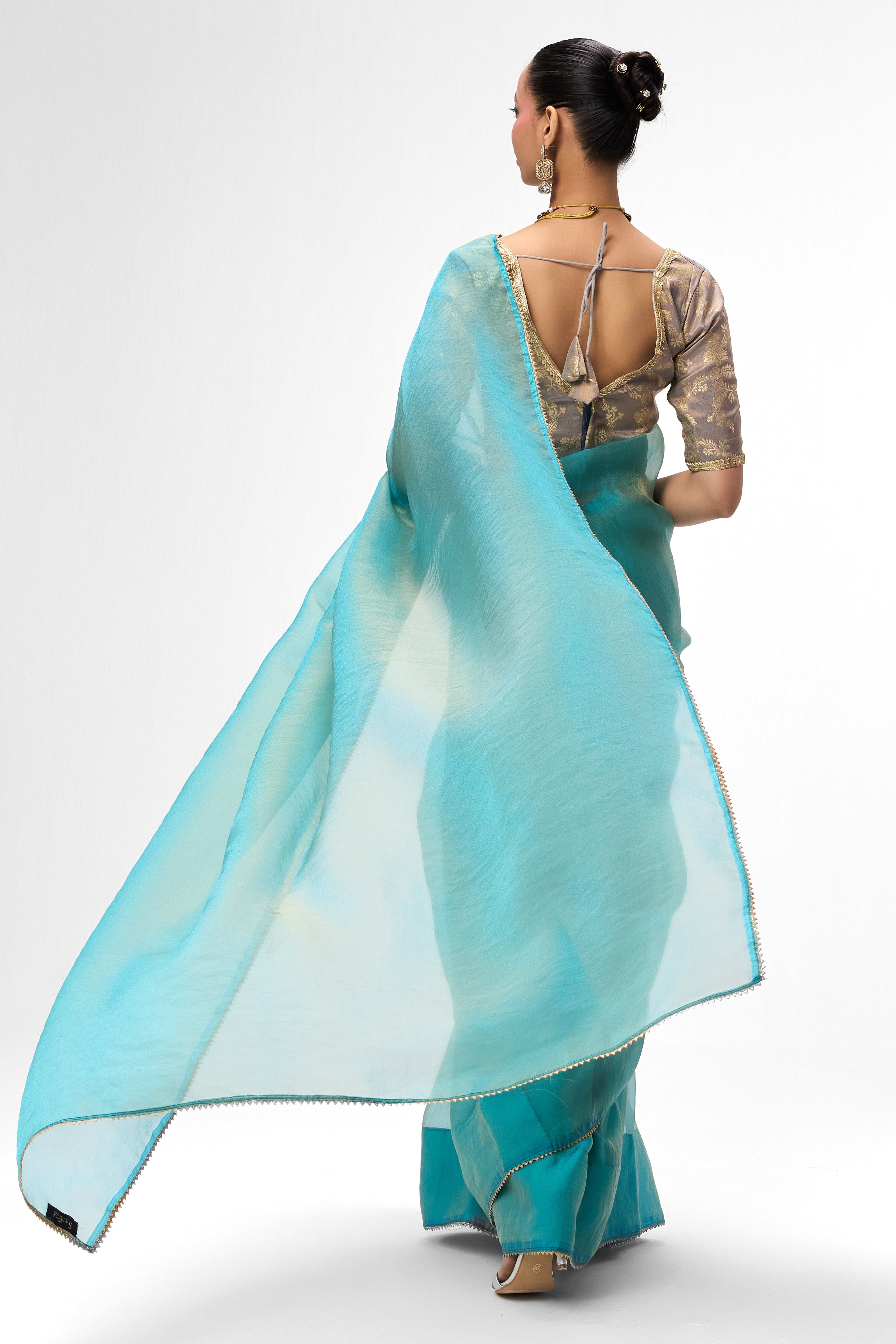 With Readymade Blouse - Aqua Blue Gold Chiffon Saree with Sabya Grey Gold Jacquard Readymade Blouse