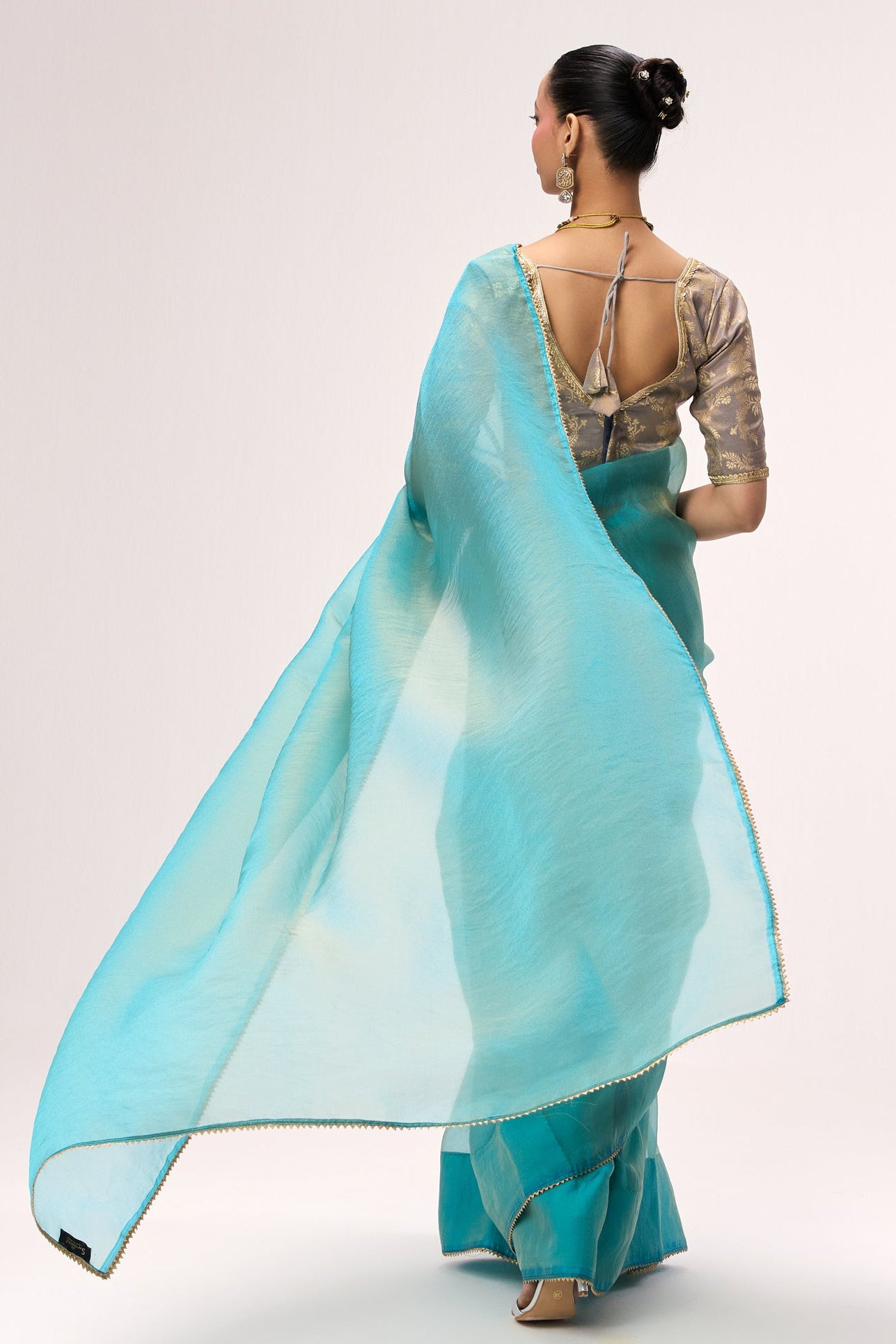 Aqua Blue Gold Chiffon Saree with Sabya Grey Gold Jacquard Readymade Blouse