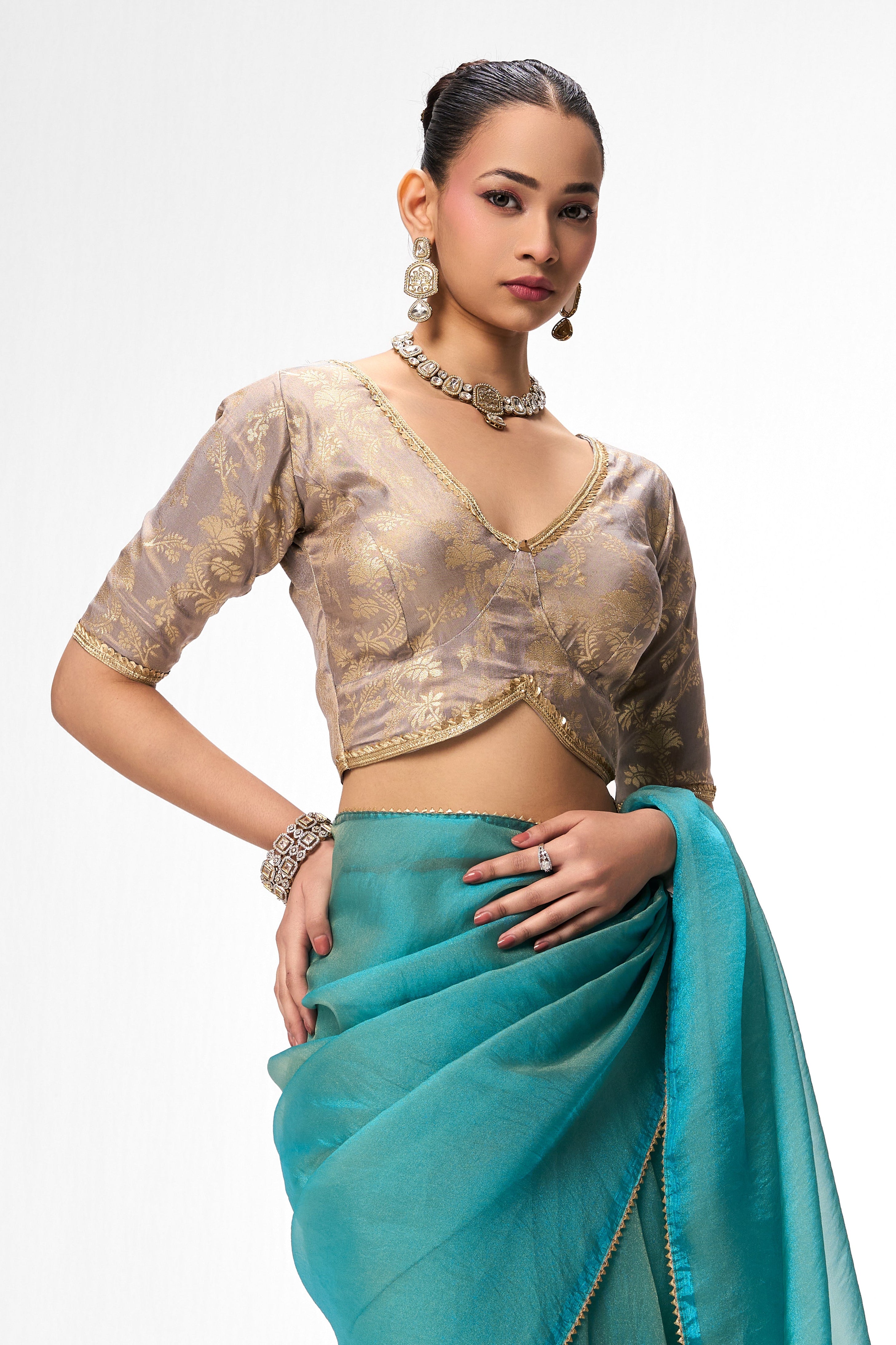 Grey Gold Sabya Cotton Blouse – Free-Size Adjustable 32–40 inches | Designer Couture Blouse