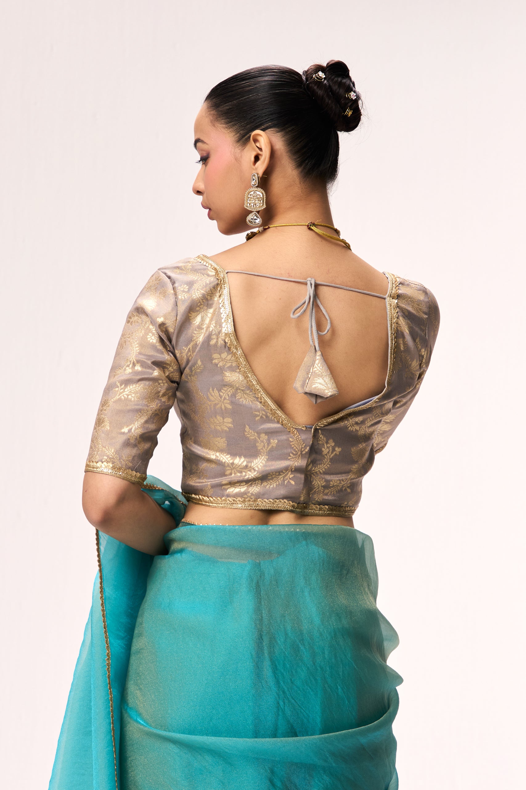 Aqua Blue Gold Chiffon Saree with Sabya Grey Gold Jacquard Readymade Blouse