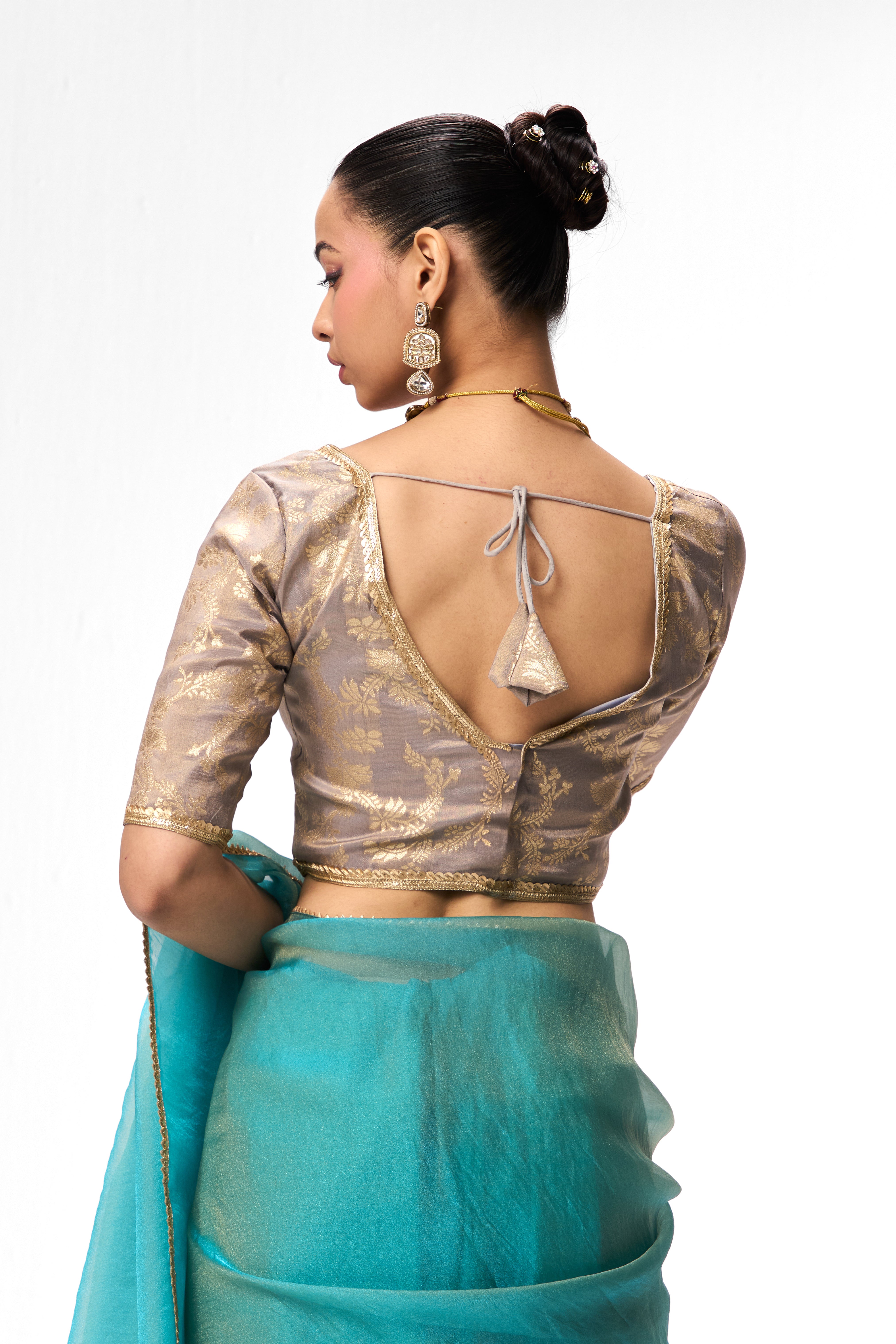 Grey Gold Sabya Cotton Blouse – Free-Size Adjustable 32–40 inches | Designer Couture Blouse