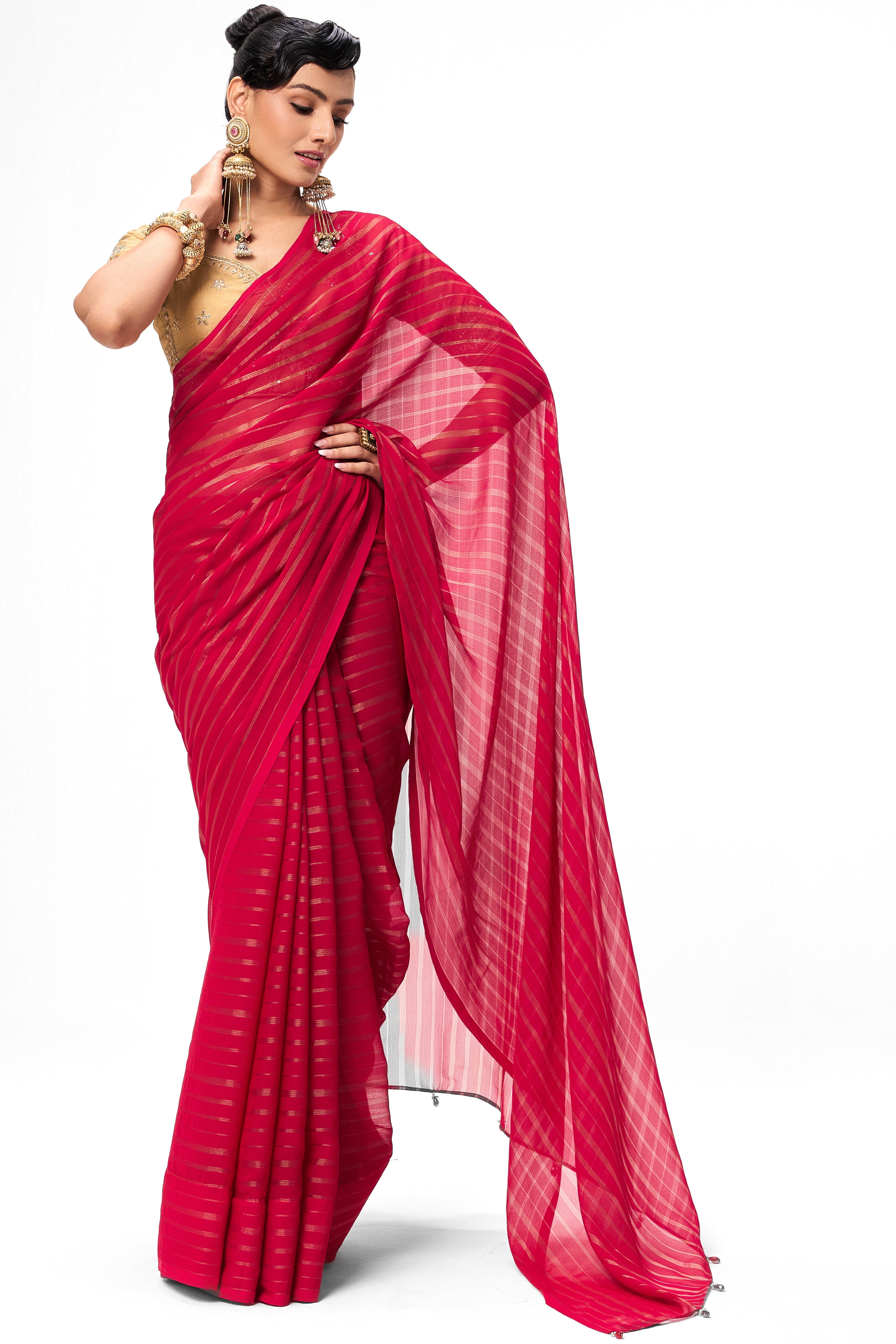 With Readymade Blouse - Pink Gold Stripes Chiffon Saree with Sabya Cream Embroidered Readymade Blouse