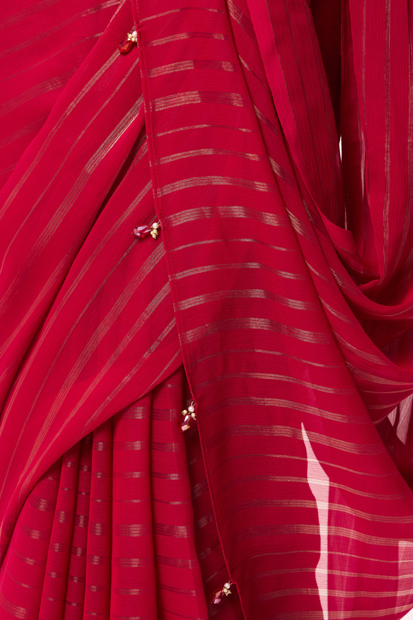 Pink Gold Stripes Chiffon Saree with Sabya Cream Embroidered Readymade Blouse