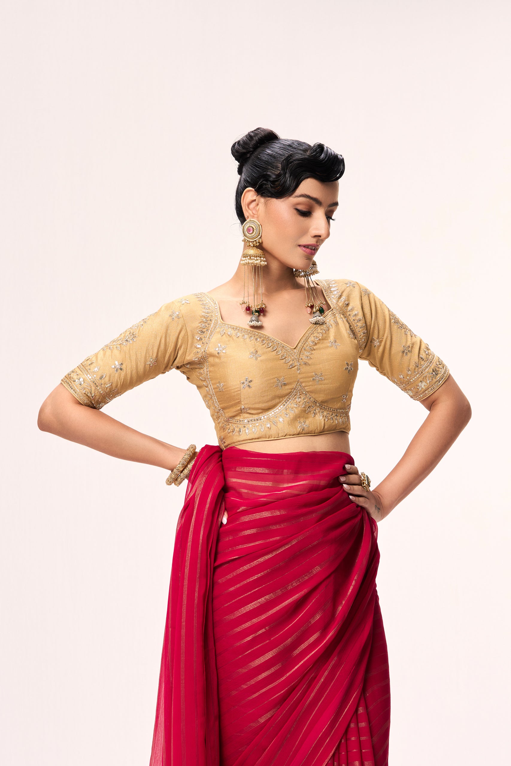 Cream Embroidered Sabya Blouse – Free-Size Adjustable 32 – 40 inches