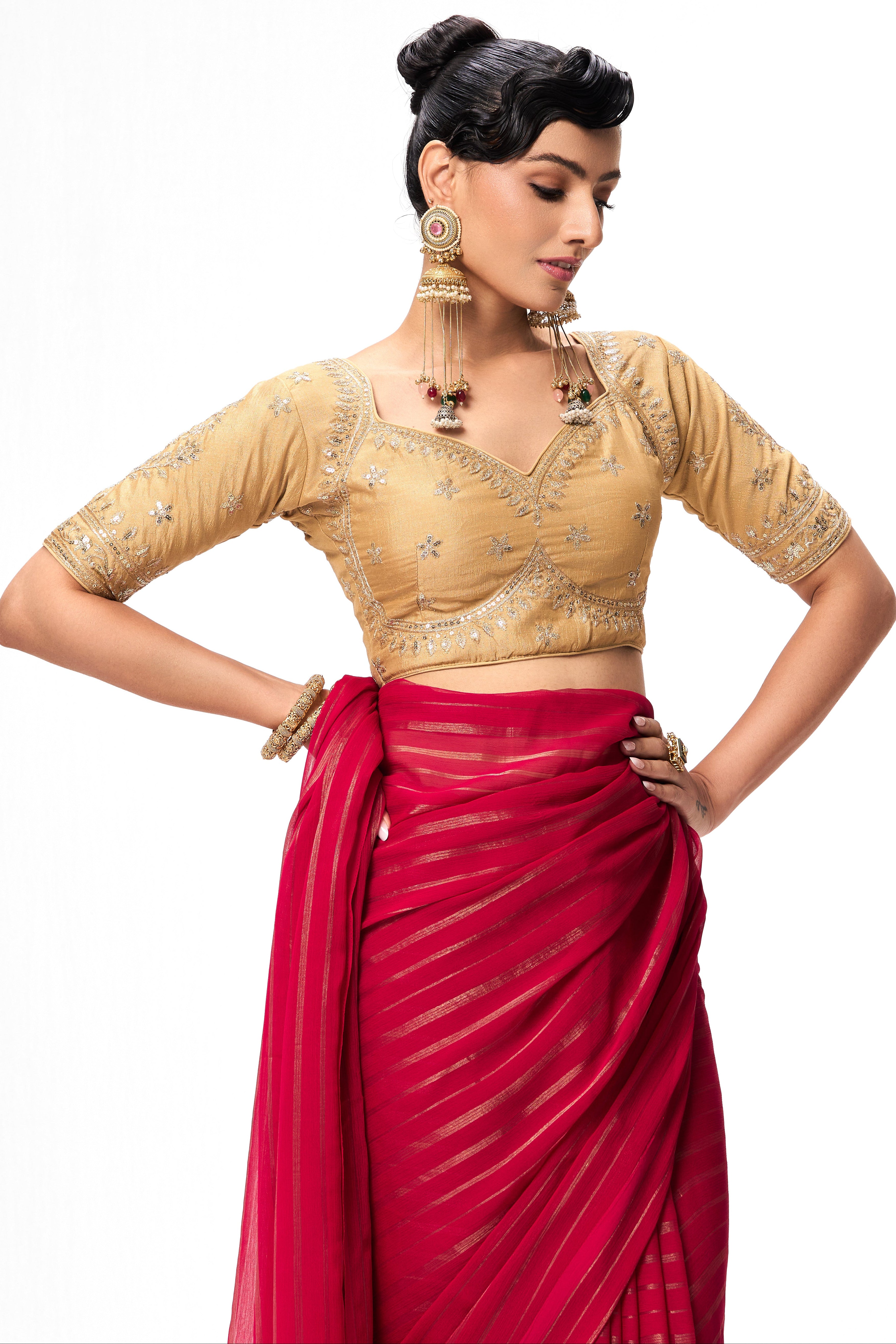 With Readymade Blouse - Pink Gold Stripes Chiffon Saree with Sabya Cream Embroidered Readymade Blouse