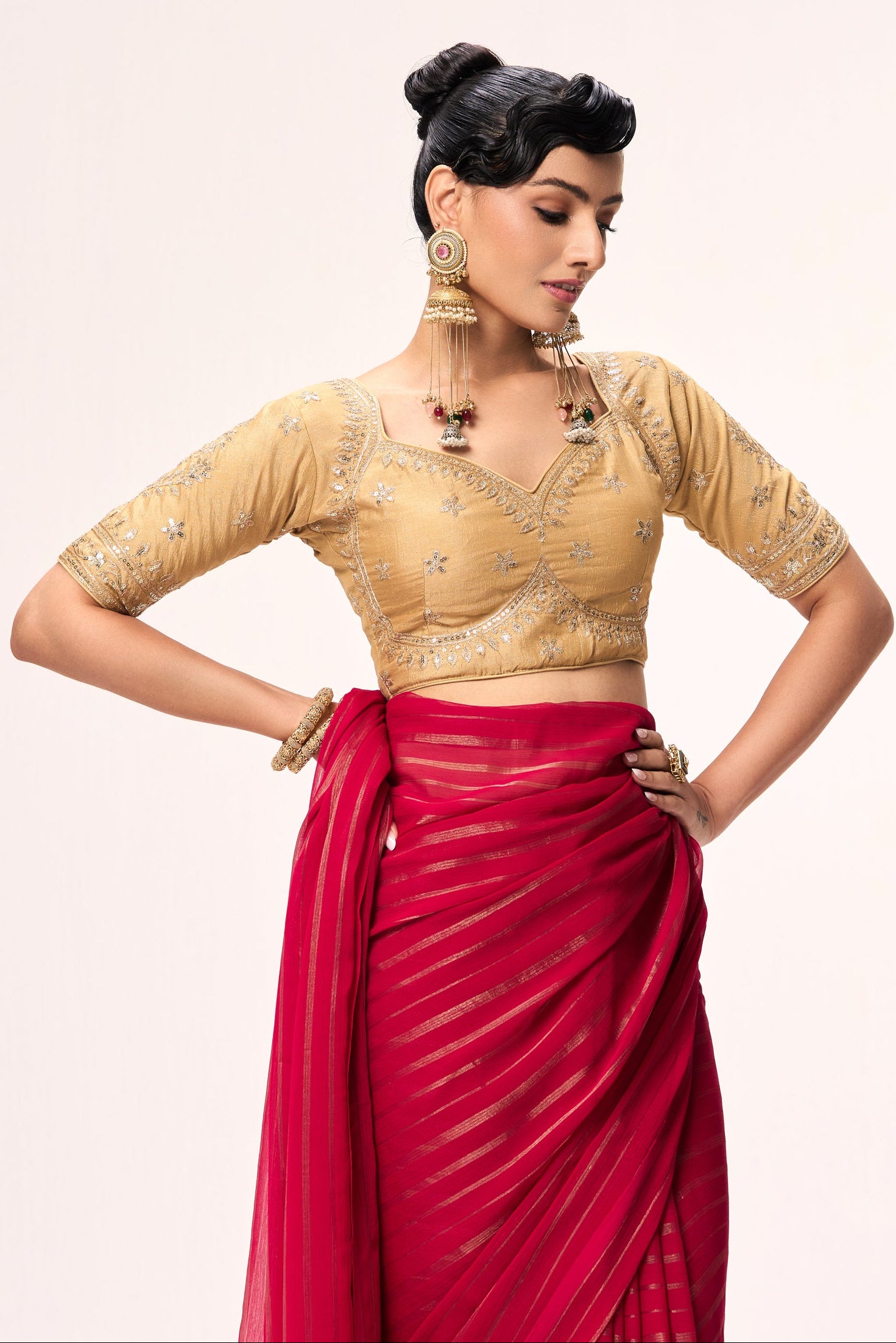 Pink Gold Stripes Chiffon Saree with Sabya Cream Embroidered Readymade Blouse