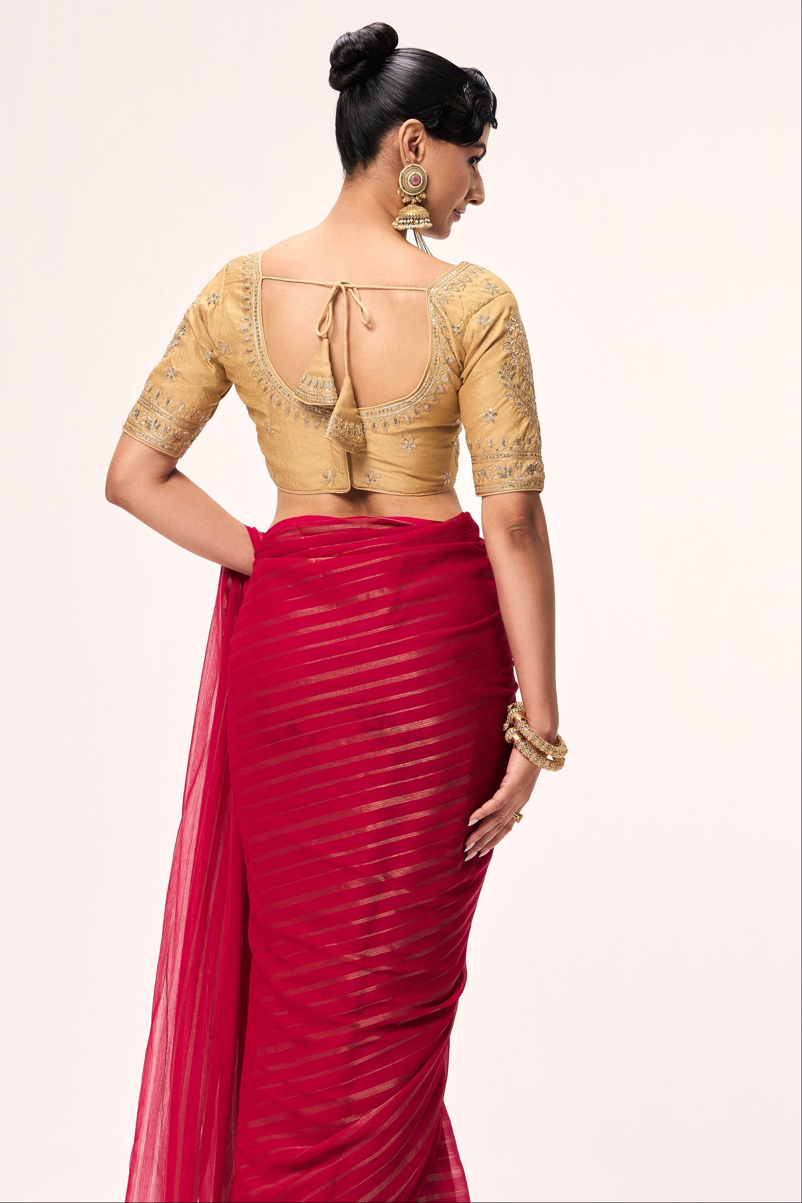 Pink Gold Stripes Chiffon Saree with Sabya Cream Embroidered Readymade Blouse