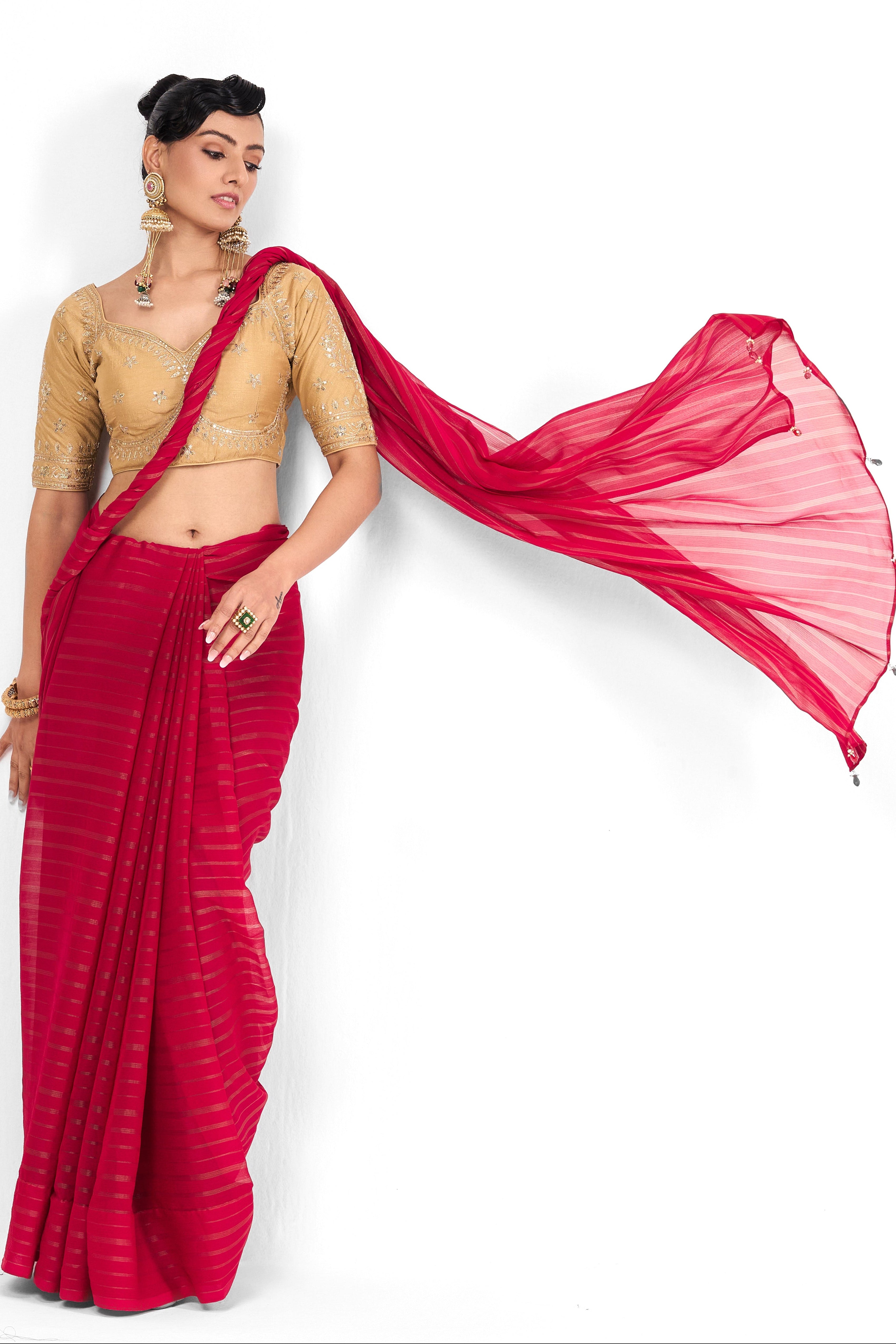With Readymade Blouse - Pink Gold Stripes Chiffon Saree with Sabya Cream Embroidered Readymade Blouse