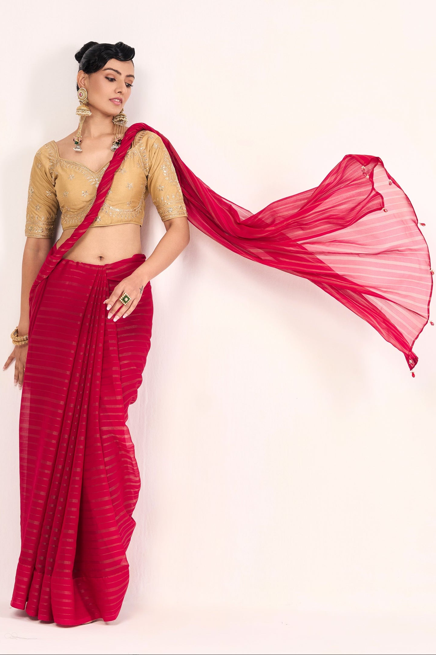 Pink Gold Stripes Chiffon Saree with Sabya Cream Embroidered Readymade Blouse