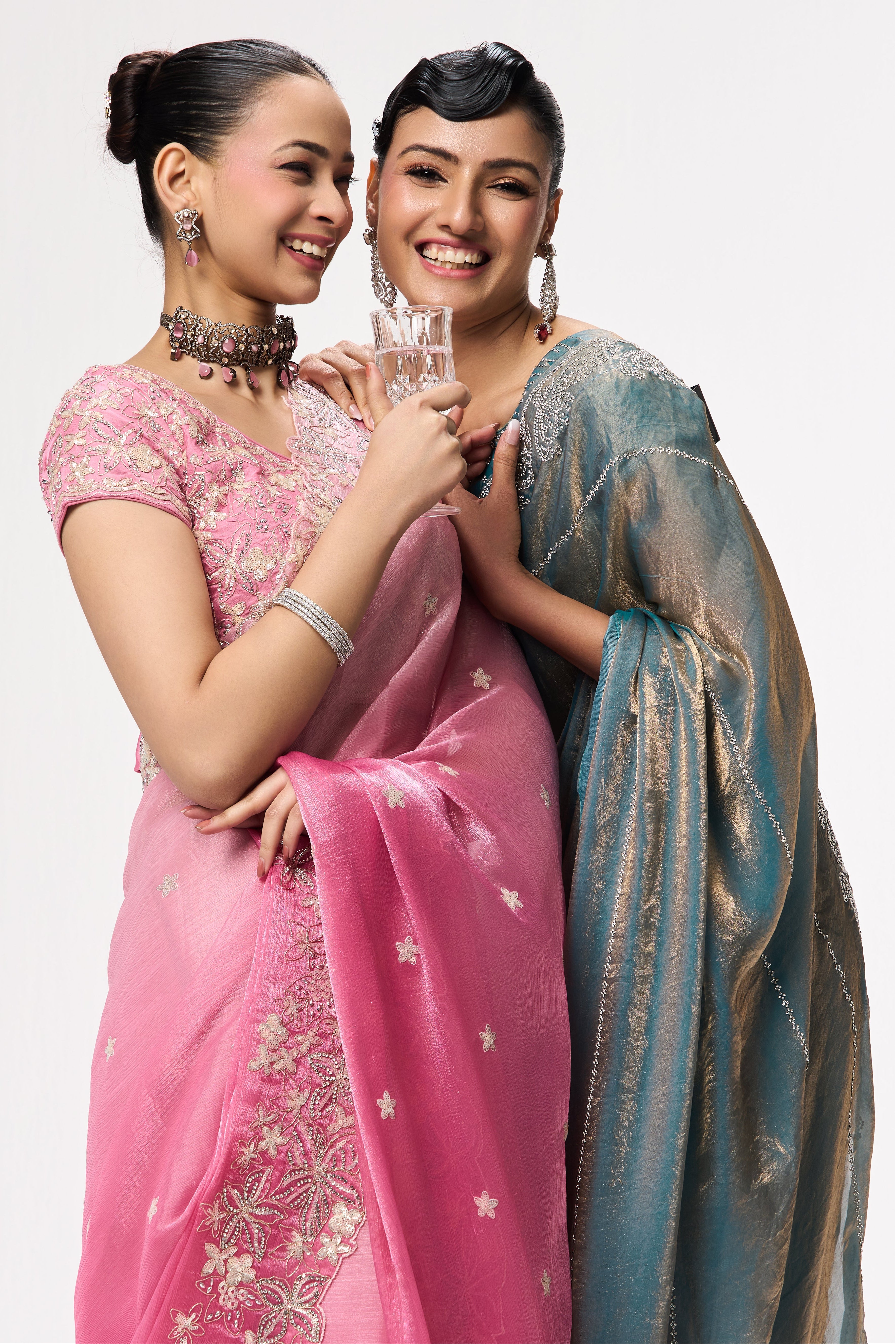 Elixir Pink Embroidered and Beaded Organza Saree with Blouse Fabric