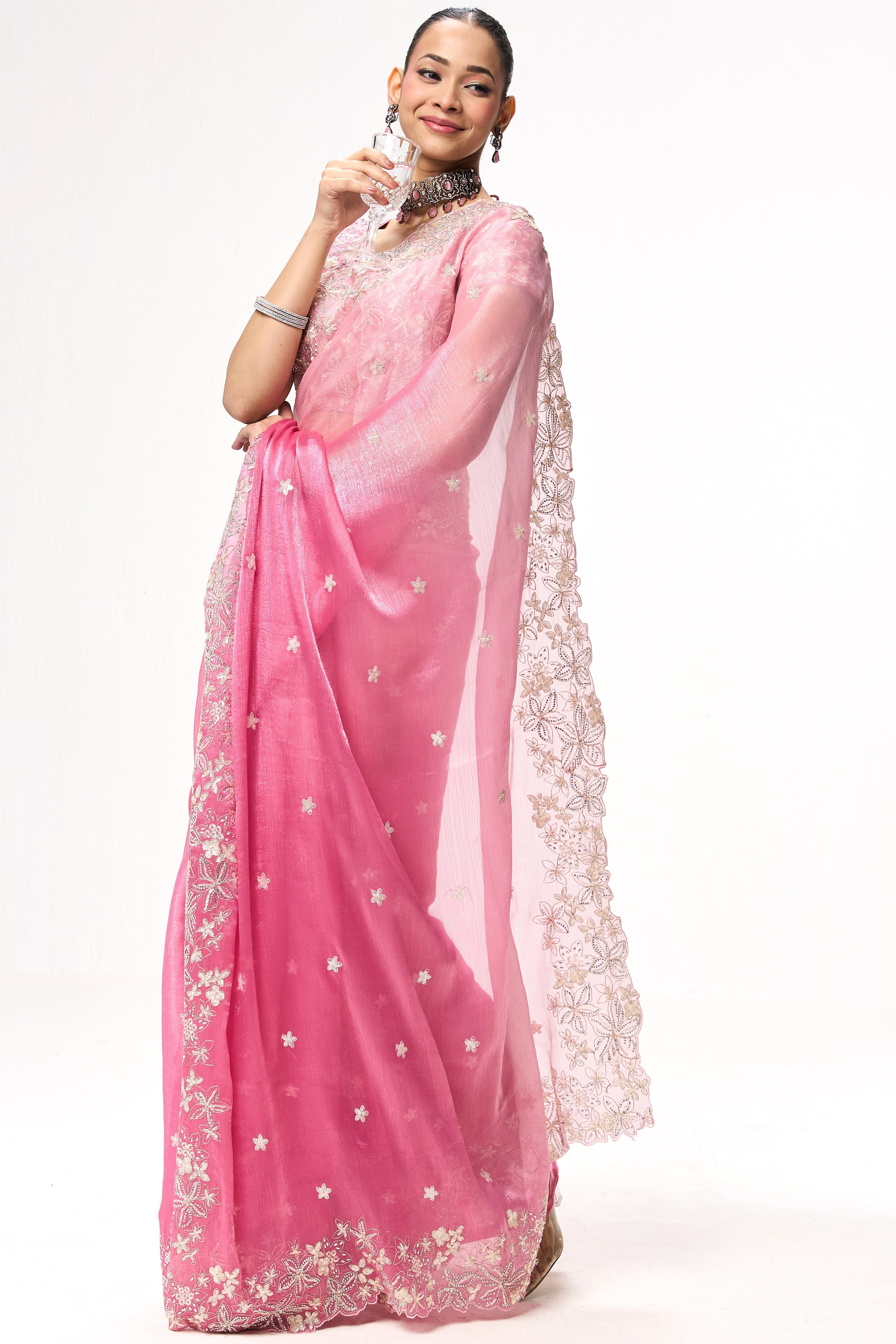 Elixir Pink Embroidered and Beaded Organza Saree with Blouse Fabric