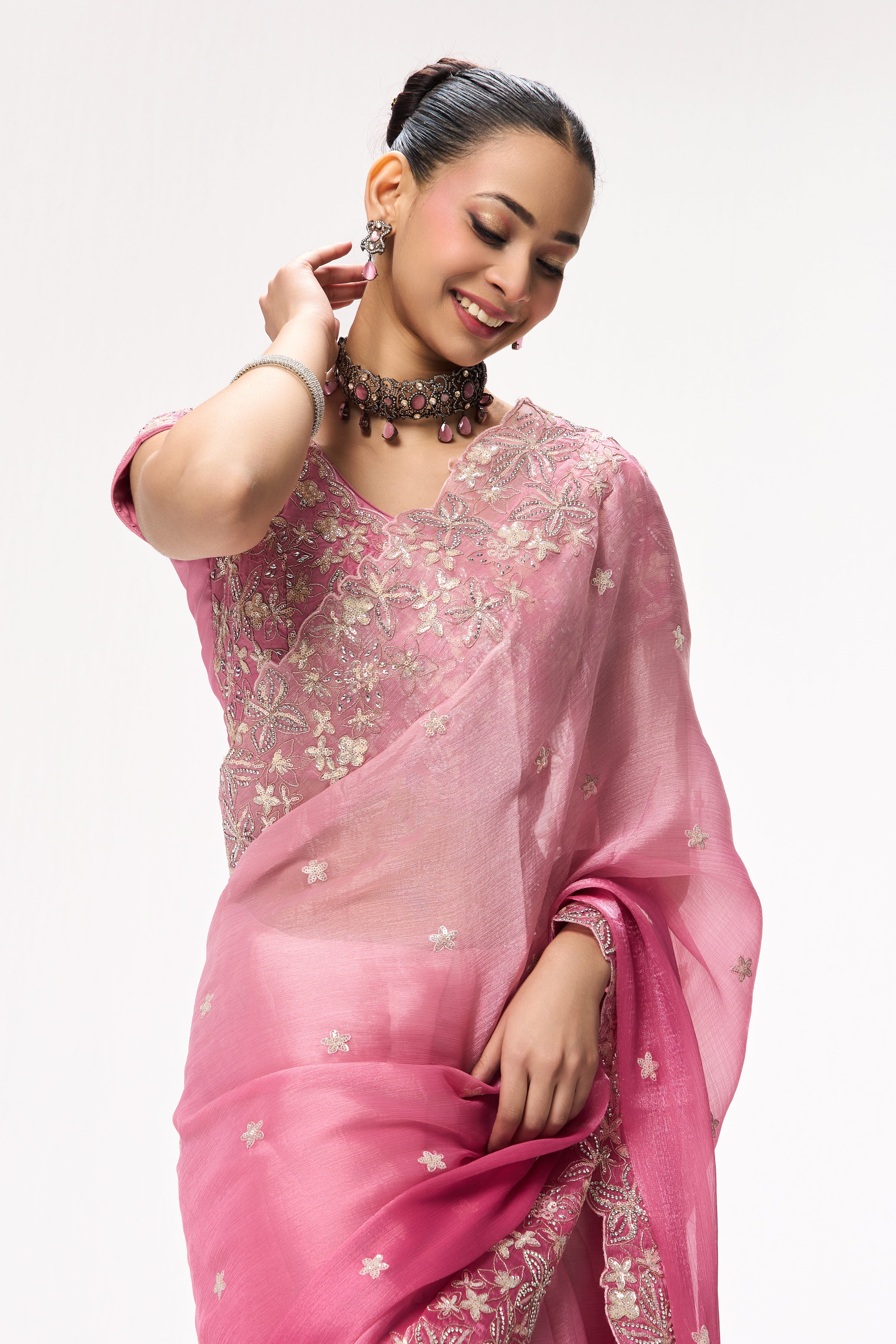 Elixir Pink Embroidered and Beaded Organza Saree with Blouse Fabric