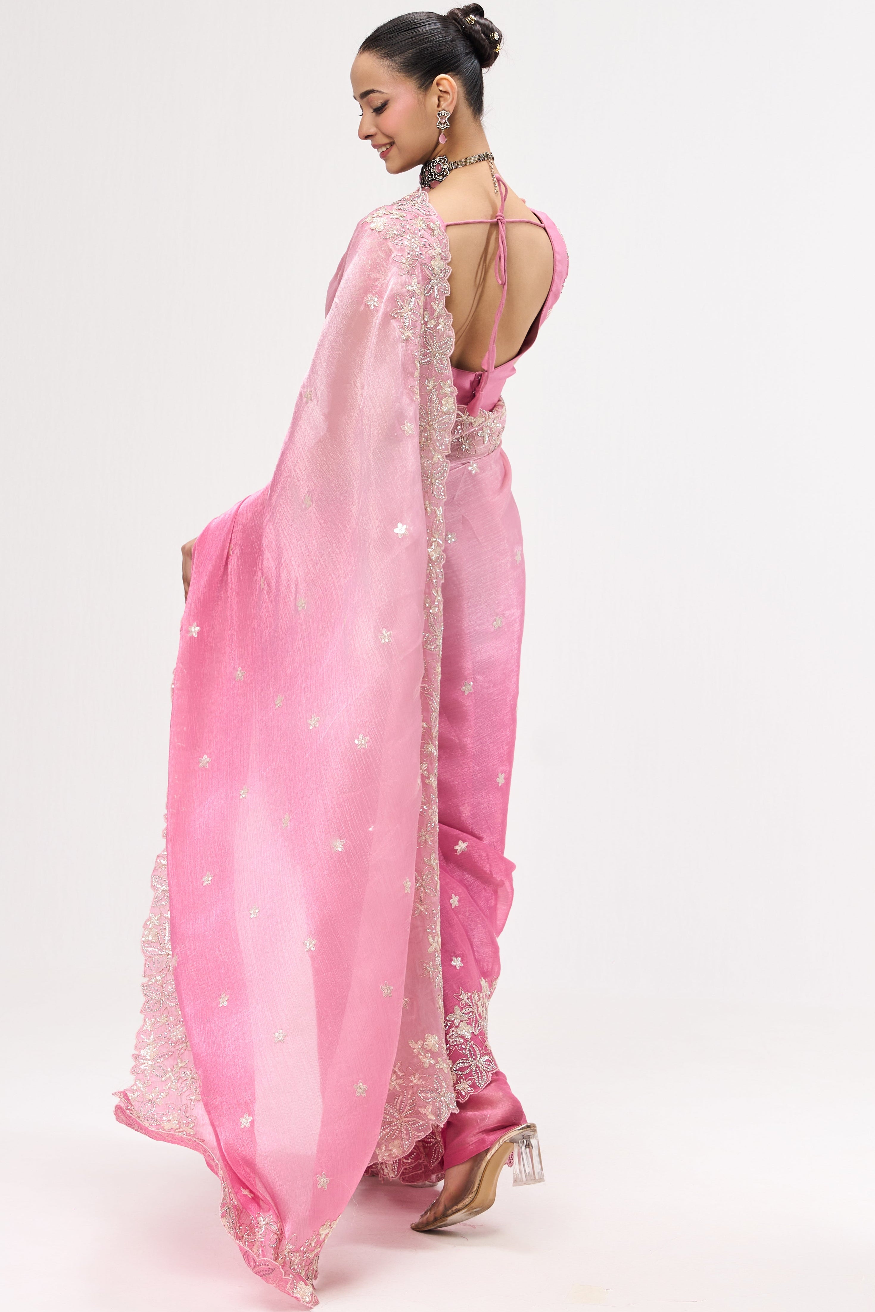 Elixir Pink Embroidered and Beaded Organza Saree with Blouse Fabric